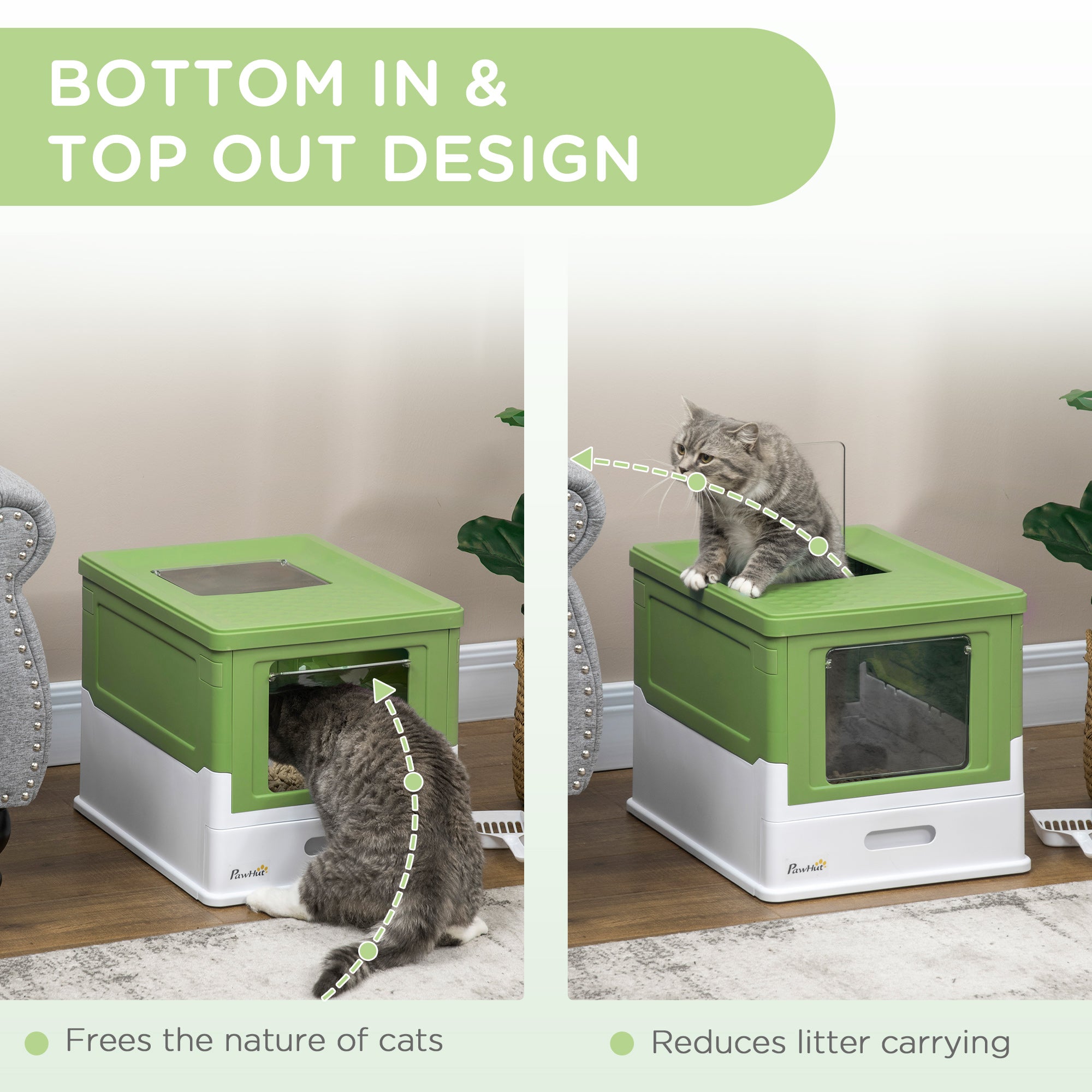 Hooded Cat Litter Box, Portable Pet Toilet, with Scoop, Front Entry - Light Green