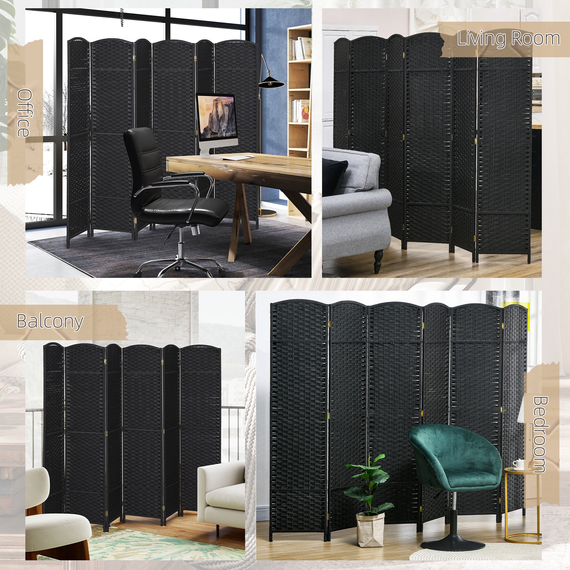 6 Panel Folding Room Divider, Freestanding Privacy Screen for Living Room, Bedroom and Office, 240 x 170cm, Black
