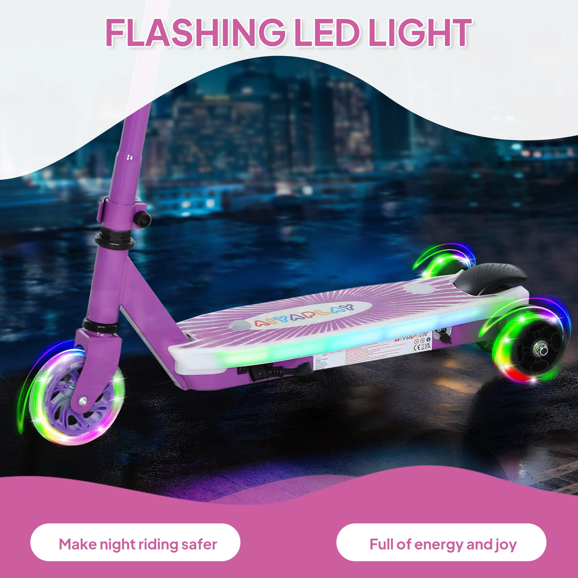 Kids Electric Scooter with Auxiliary Wheels, LED Light & Brake, 6-8 KM Range for Ages 4-7 - Purple
