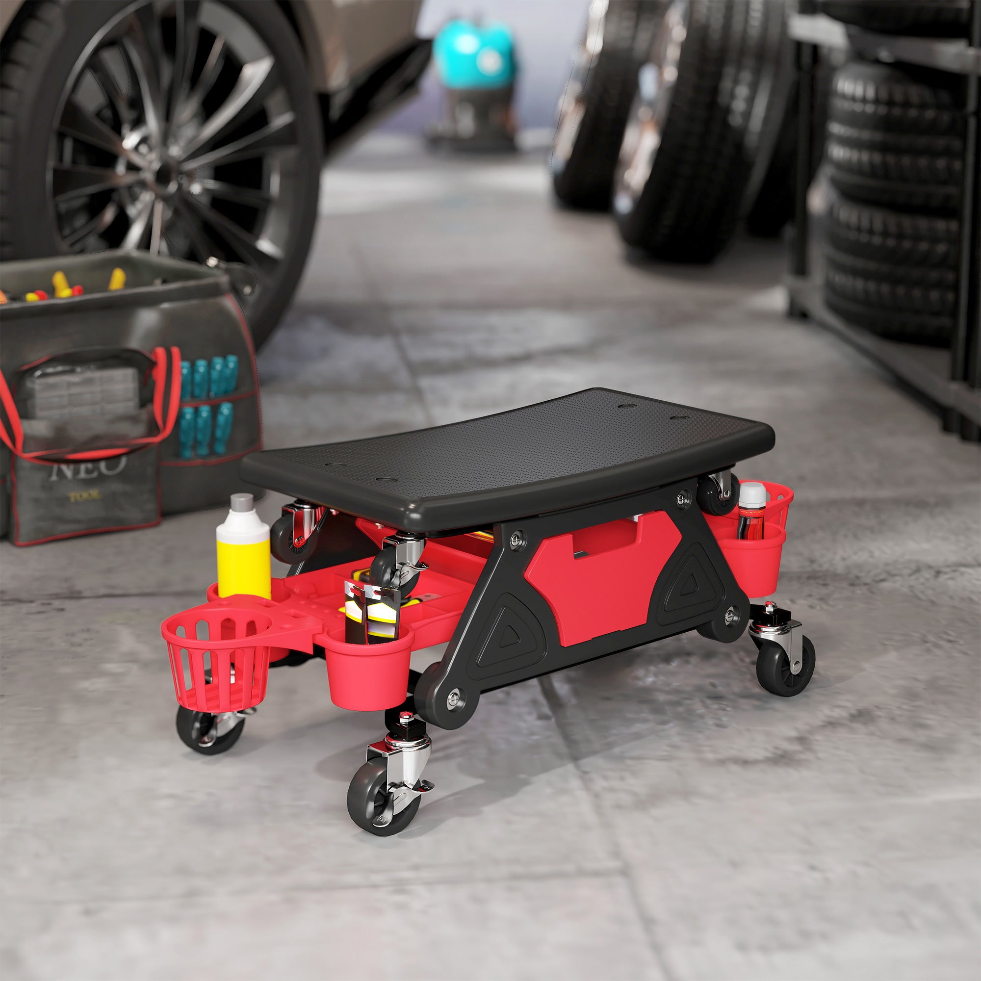 Rolling Mechanic Stool, 135kg Capacity Workshop Stool with 360° Swivel Wheels, Roller Creeper Seat with Slide Out Tool Trays, Drawer, Bottle Holders for Garage, Shop, Auto Repair, Red