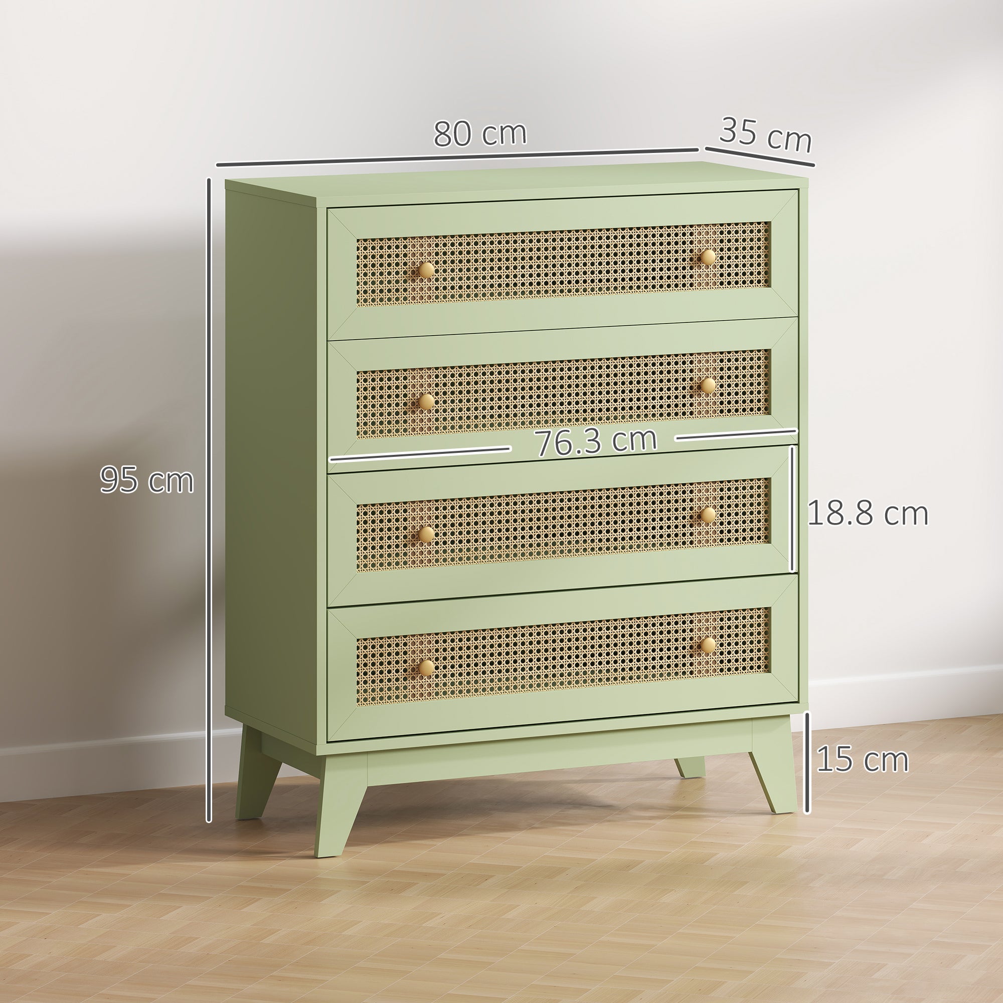 Rattan Chest of Drawers, 4 Drawer Storage Unit with Tapered Legs, Bedroom Storage Organiser Dresser for Bedside, Entryway, Hallway, Living Room, Light Green