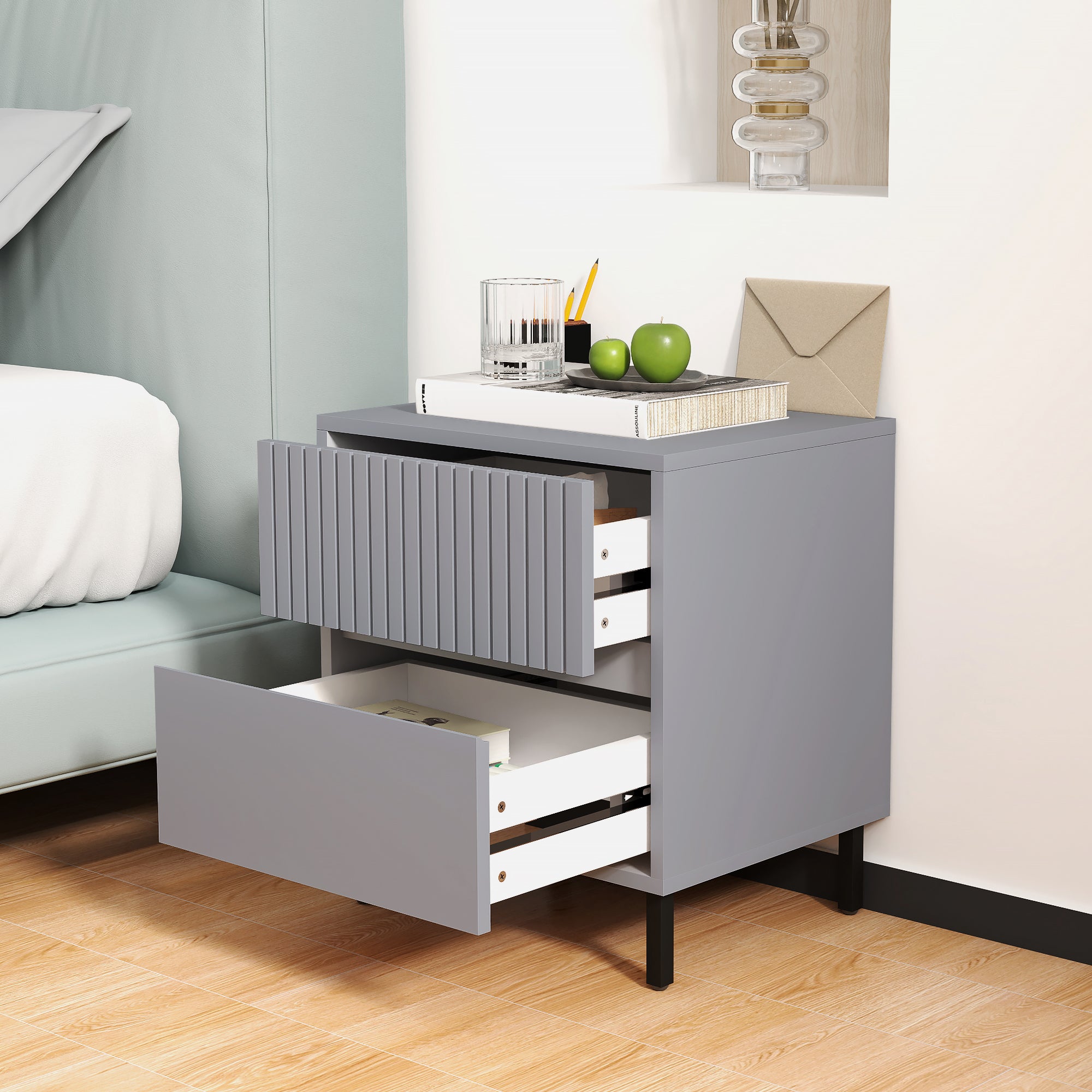 Simple Line Indented Two-Drawer Bedside Table - Grey
