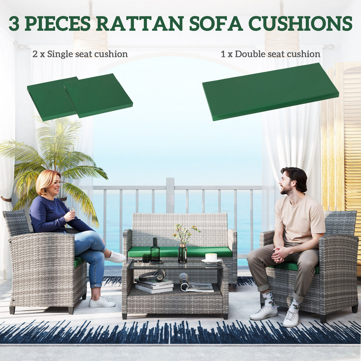 3 Piece Rattan Outdoor Seat Cushion Set - Green