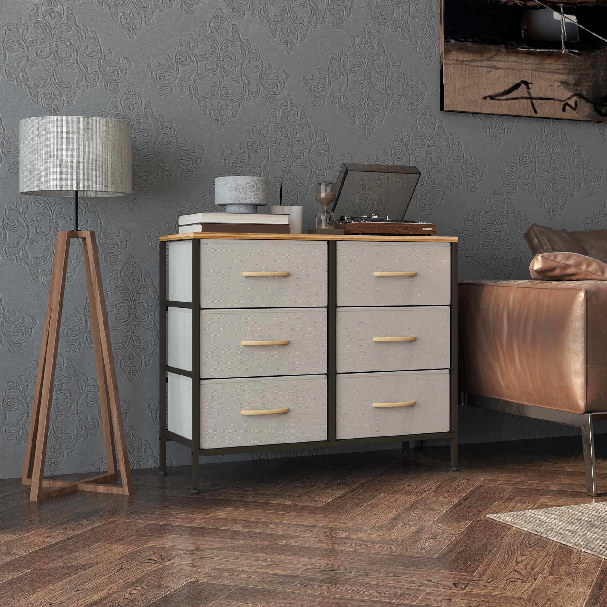 Fabric Chest of Drawers with 6 Storage Drawers, Steel Frame & Wooden Top - Cream White