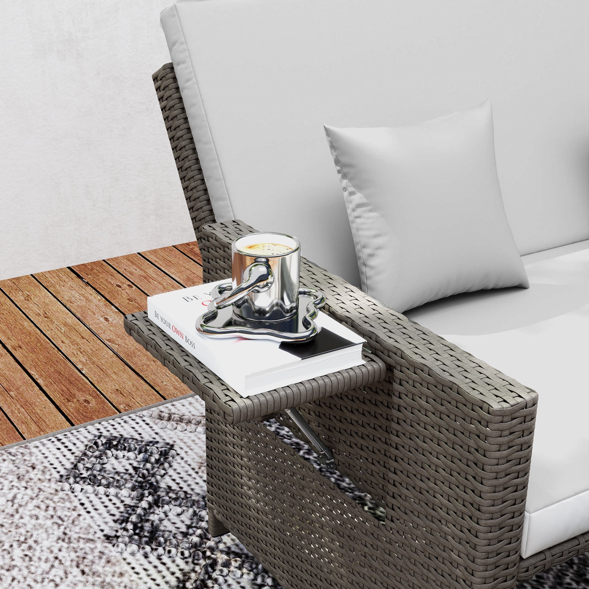 2 Piece Rattan Day Bed Set with Storage Footstool - Light Grey