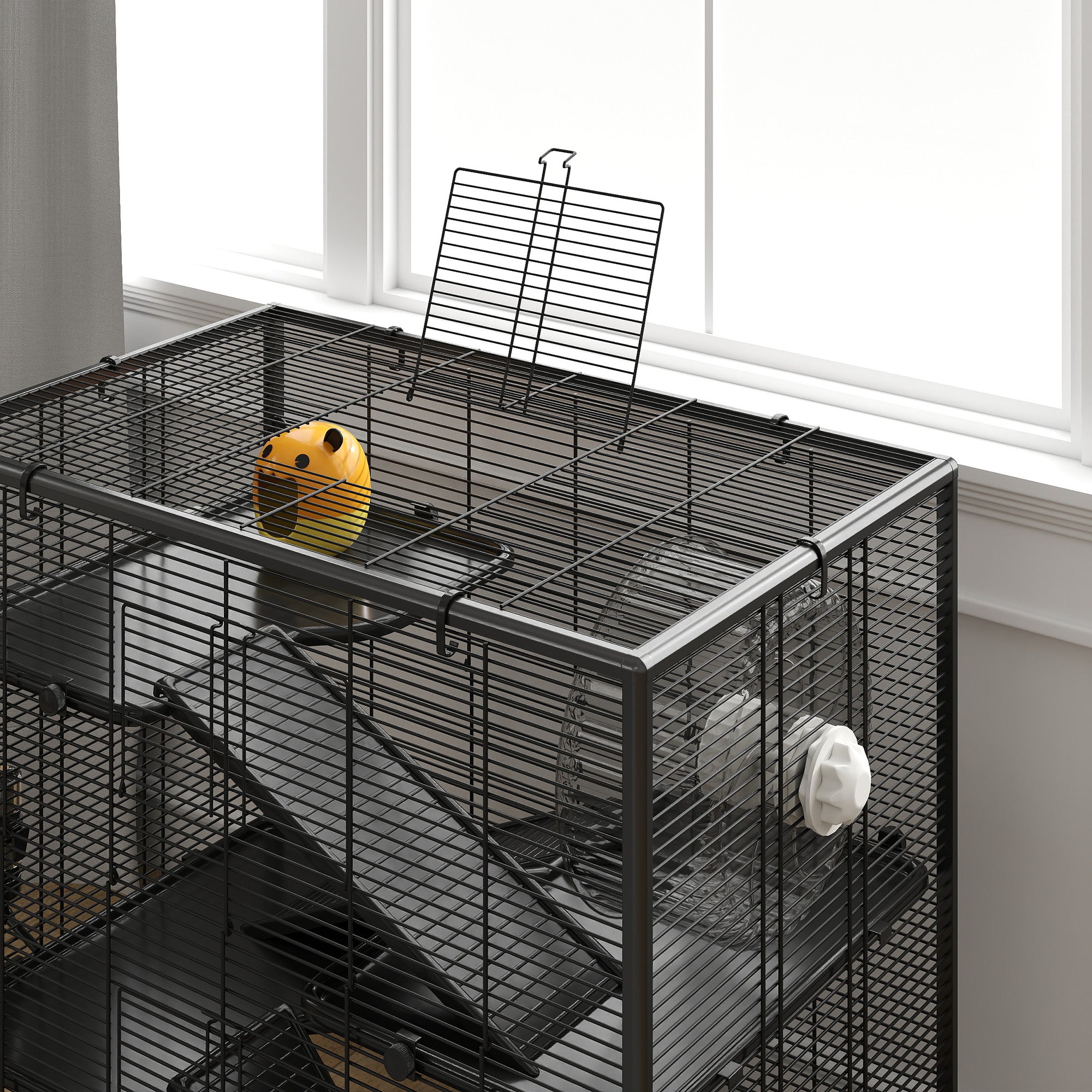 4 Tiers Hamster Cage with Deep Tempered Glass Bottom, Hut, Running Wheel, Food Dish, Water Bottle, 78.5 x 48.5 x 80cm