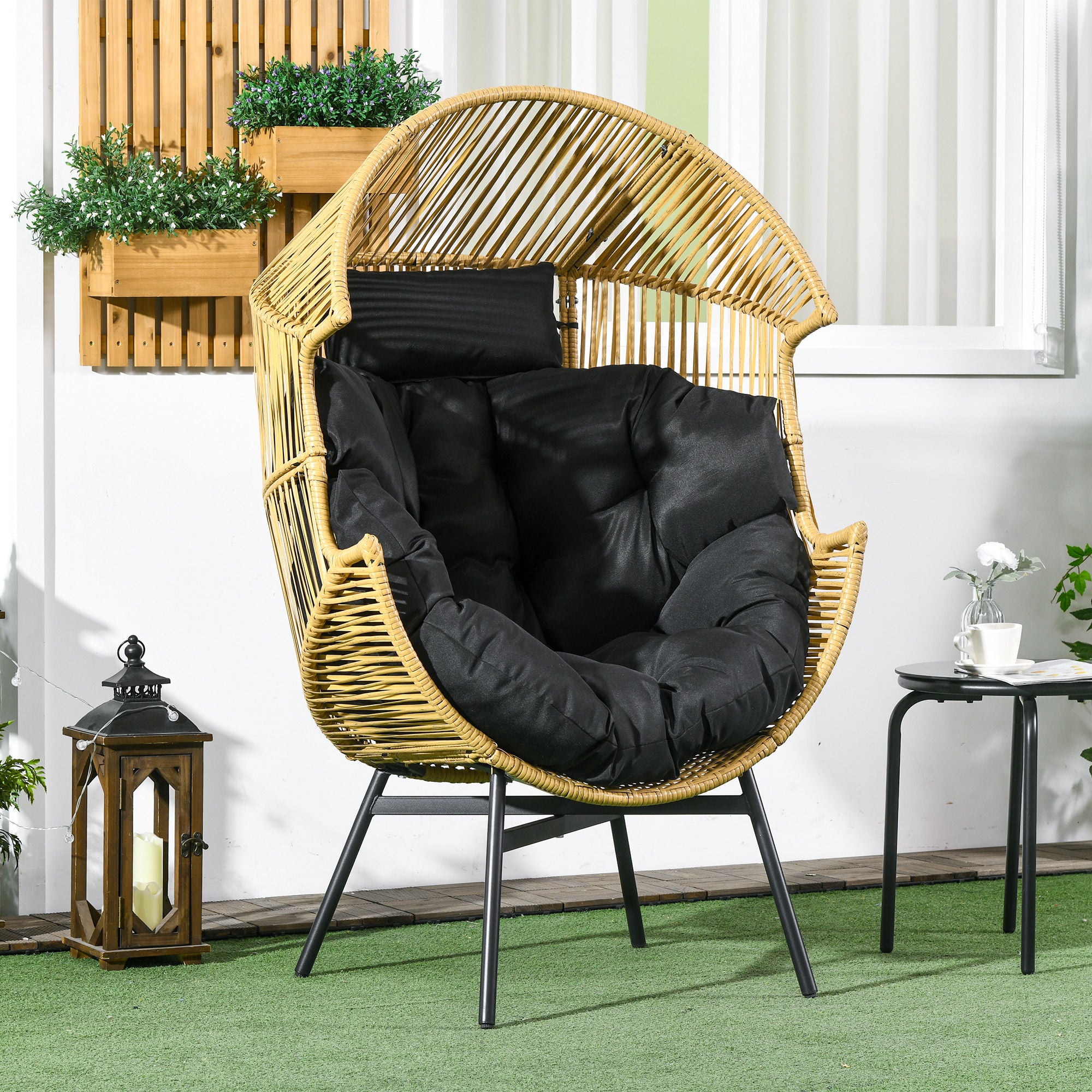 String Rattan Egg Chair, with Padded Seat Cushion - Sand/Black