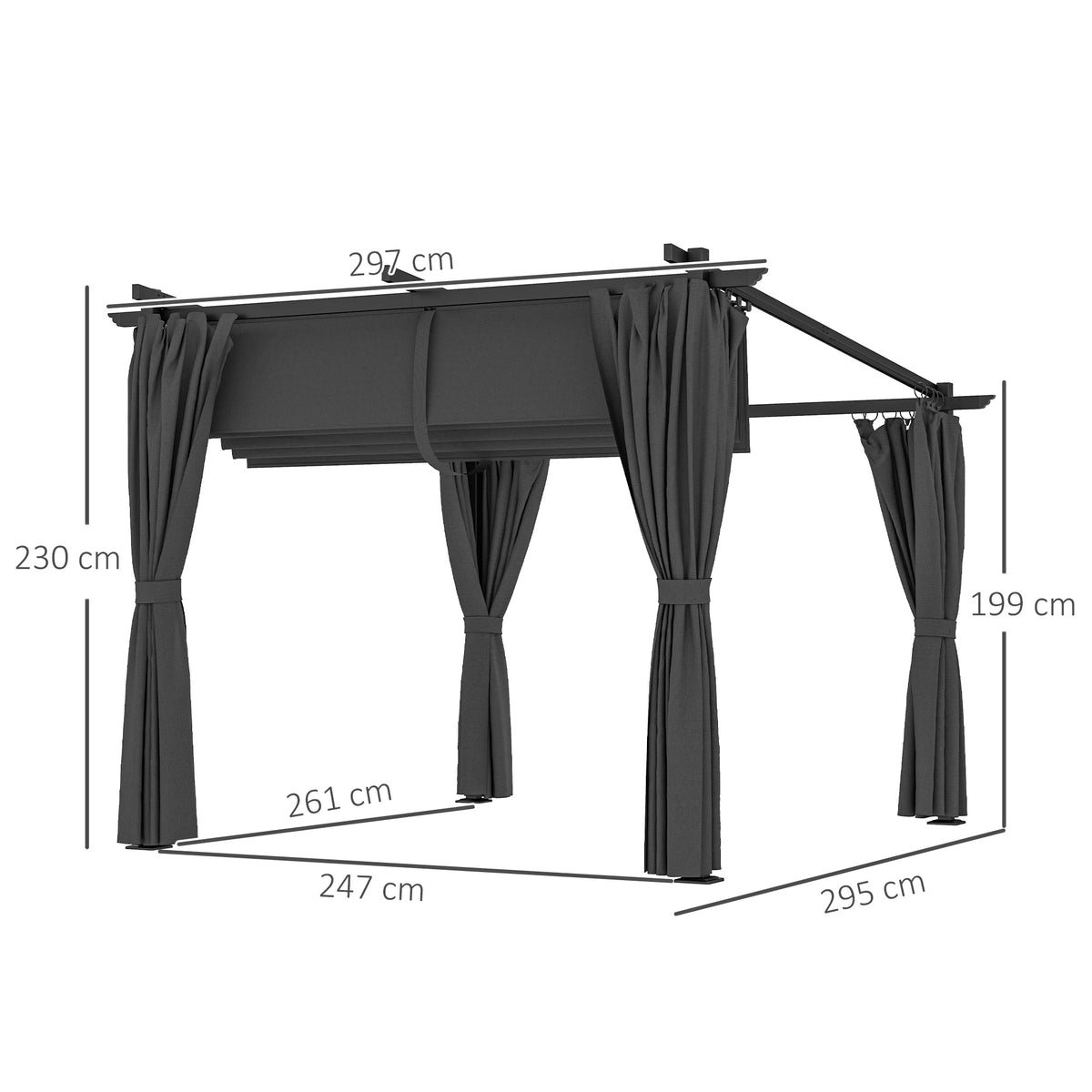 3 x 3 m Retractable Roof Pergola with Curtains - Dark Grey