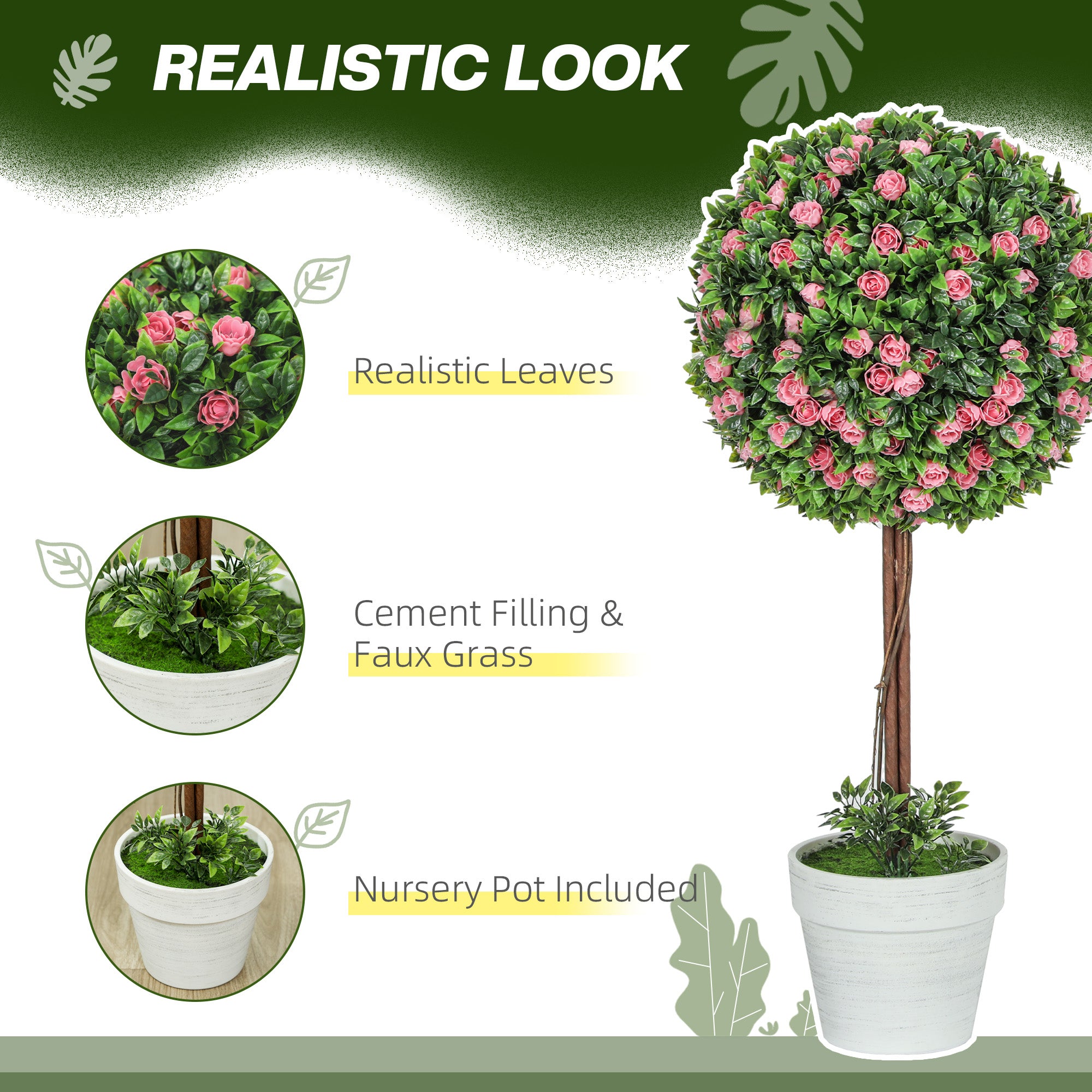 Set of 2 Decorative 60cm Ball Topiary Rose Artificial Plants in Pots - Pink