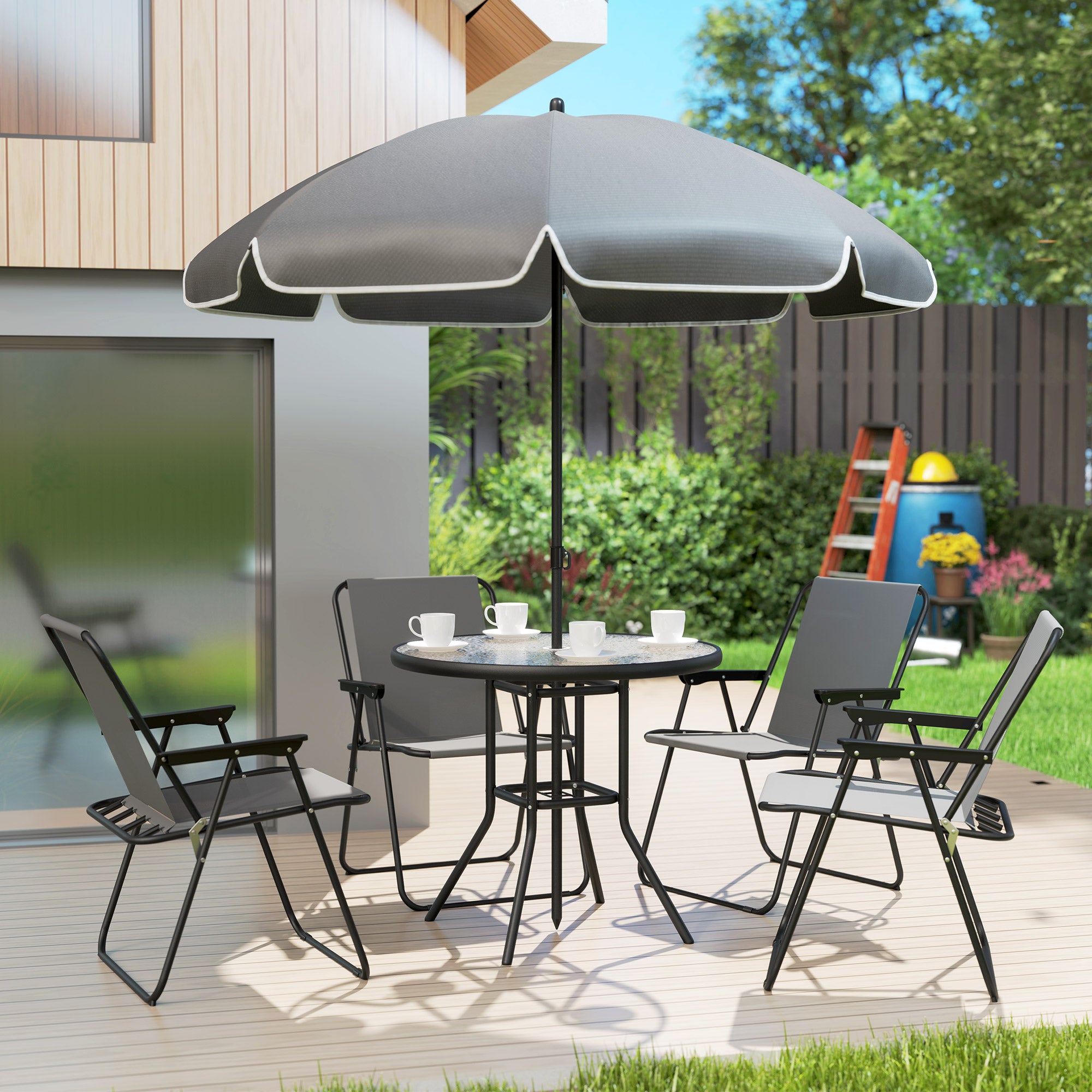 4 Seater Garden Furniture Set with 6 Pieces Table, Folding Chairs & Parasol - Grey