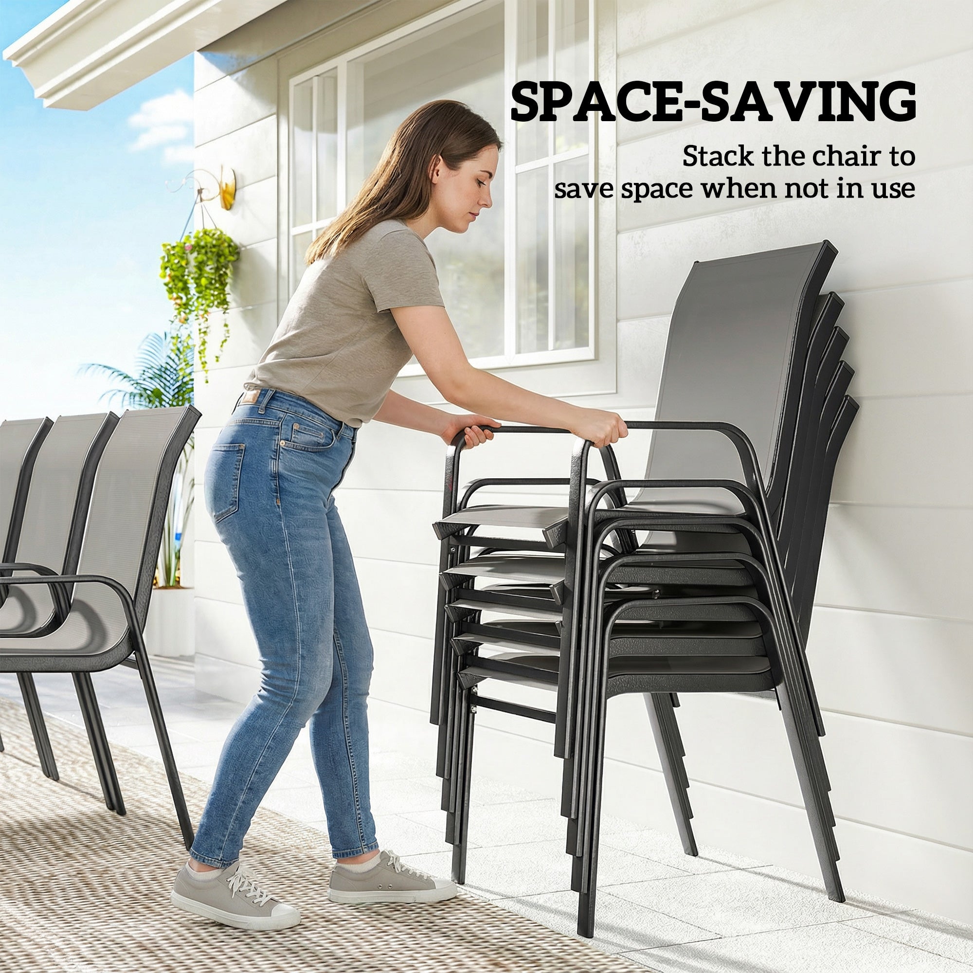 9 Pieces Garden Dining Set, Outdoor Table and Chairs Set for 8, Garden Furniture Set with Tempered Glass Top, Dark Grey
