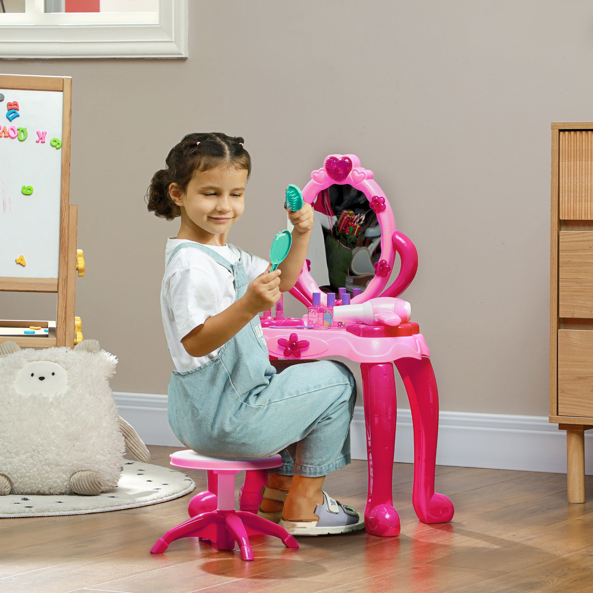 Kids Dressing Table with mirror, Stool, Light, Music, 15 Accessories, for Ages 3-6 Years, Pink