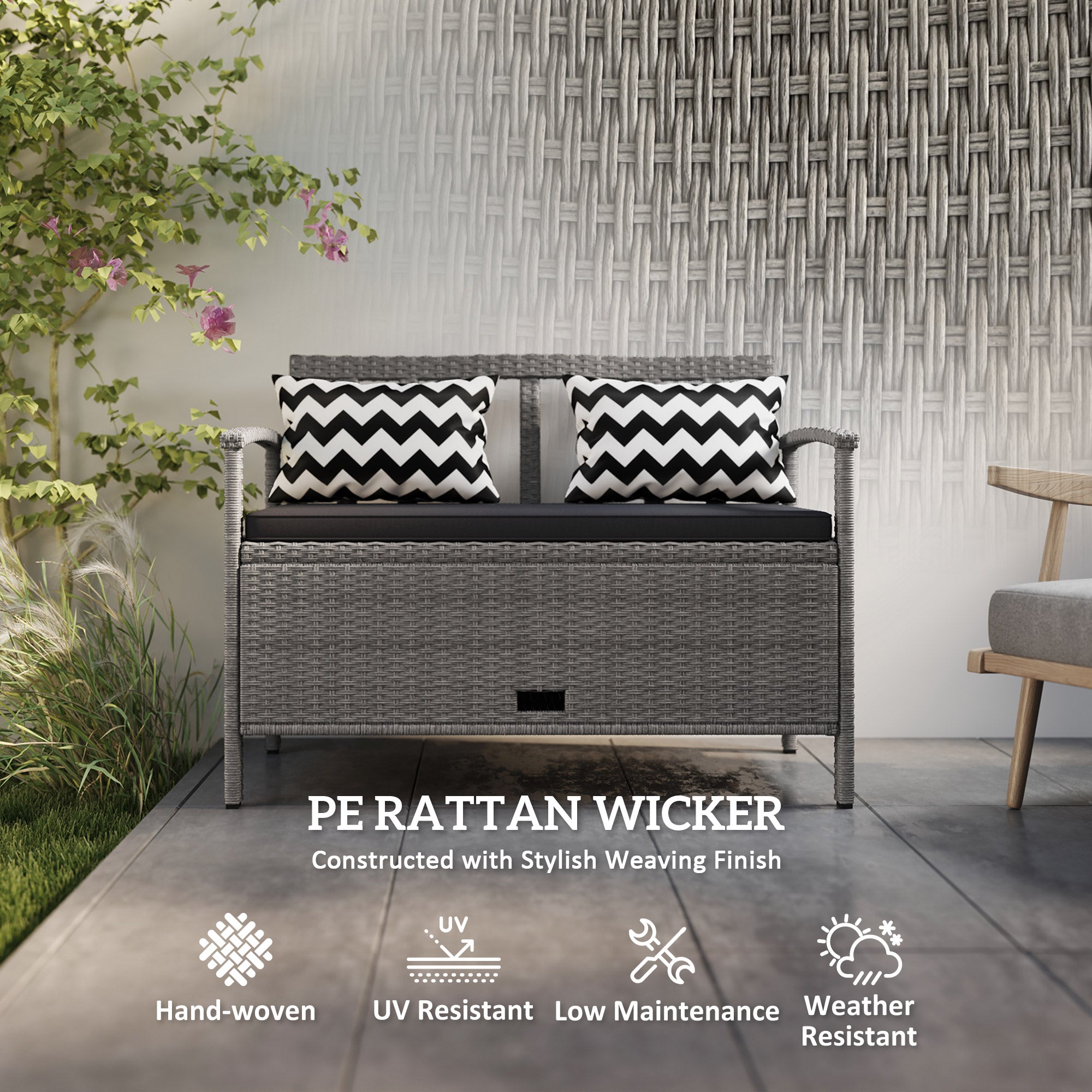 Two-Seater Outdoor Rattan Storage Bench 160L Capacity - Grey