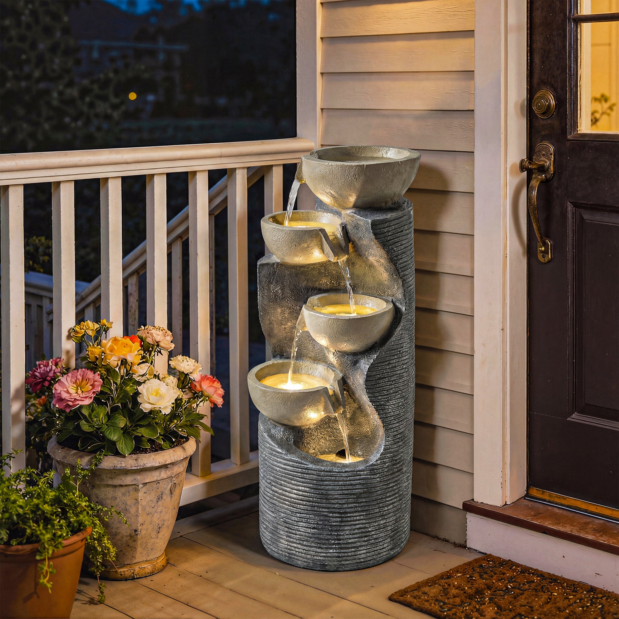 Garden Water Feature, Outdoor Water Fountain with LED Lights and Pump, 5 Tier Cascading Waterfall Fountain for Indoor