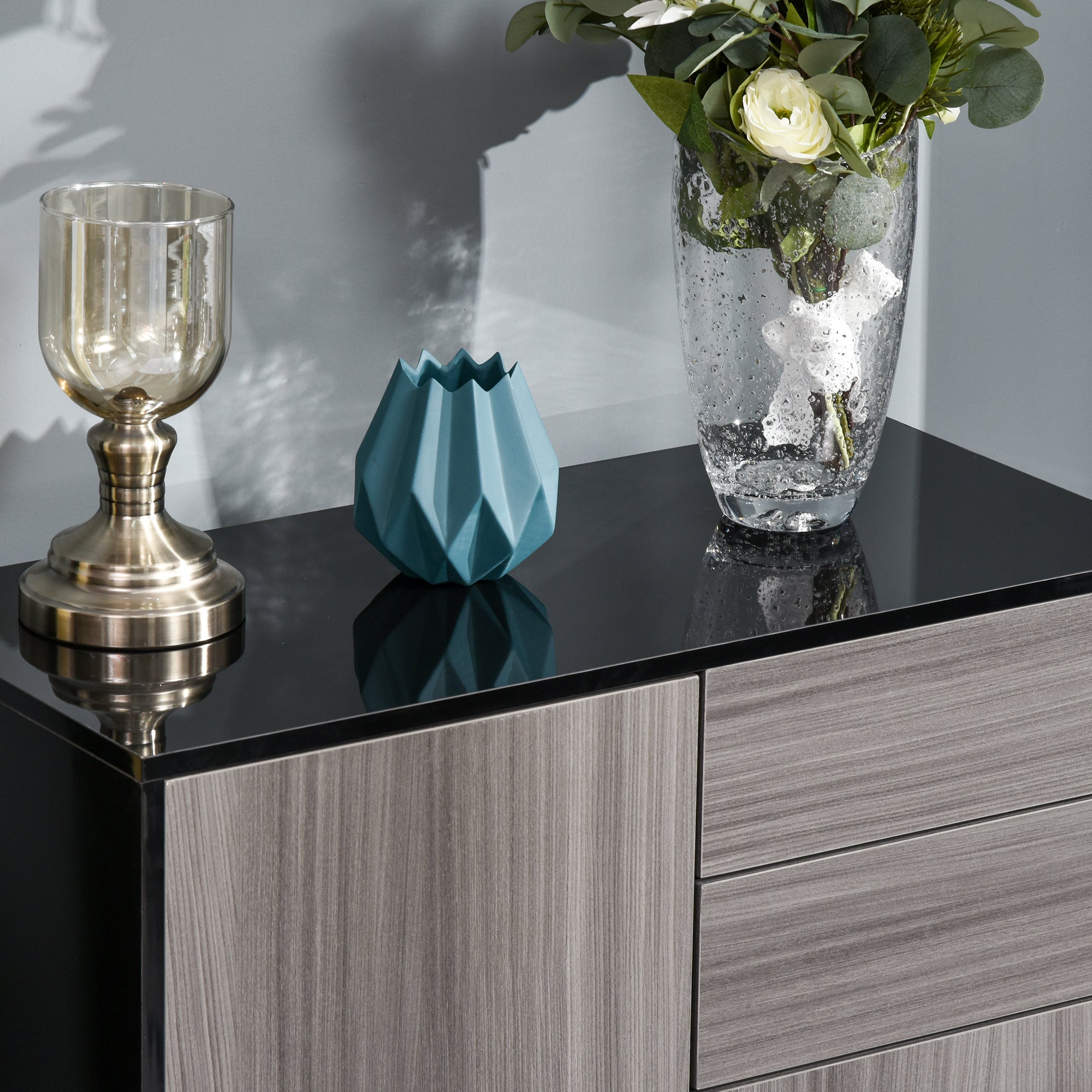 High Gloss Frame Sideboard, Side Cabinet, Push-Open Design with 2 Drawer for Living Room, Bedroom, Light Grey and Black