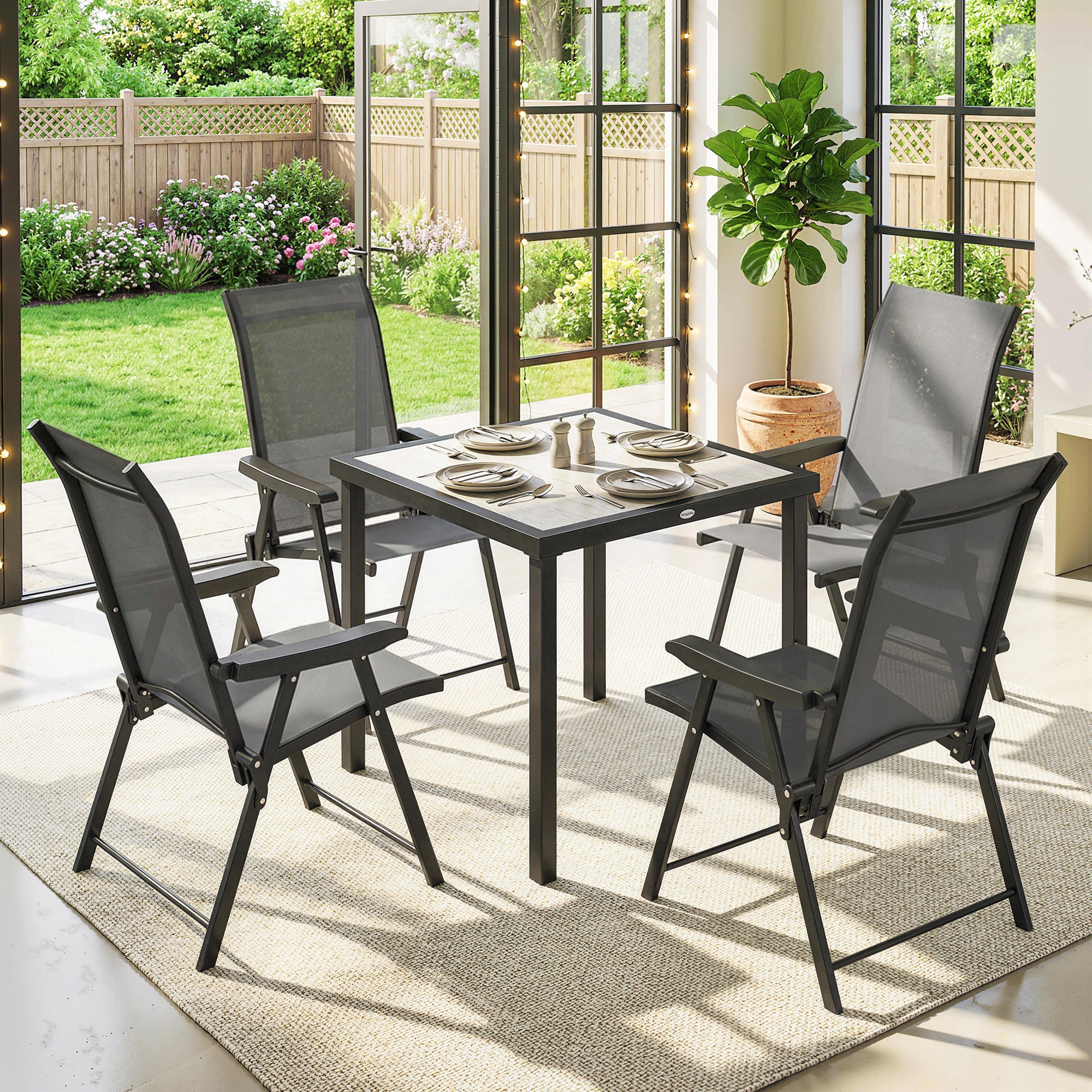 5 Pieces Outdoor Dining Set, Garden Dining Set for 4 with Square Table and Folding Chairs, Grey