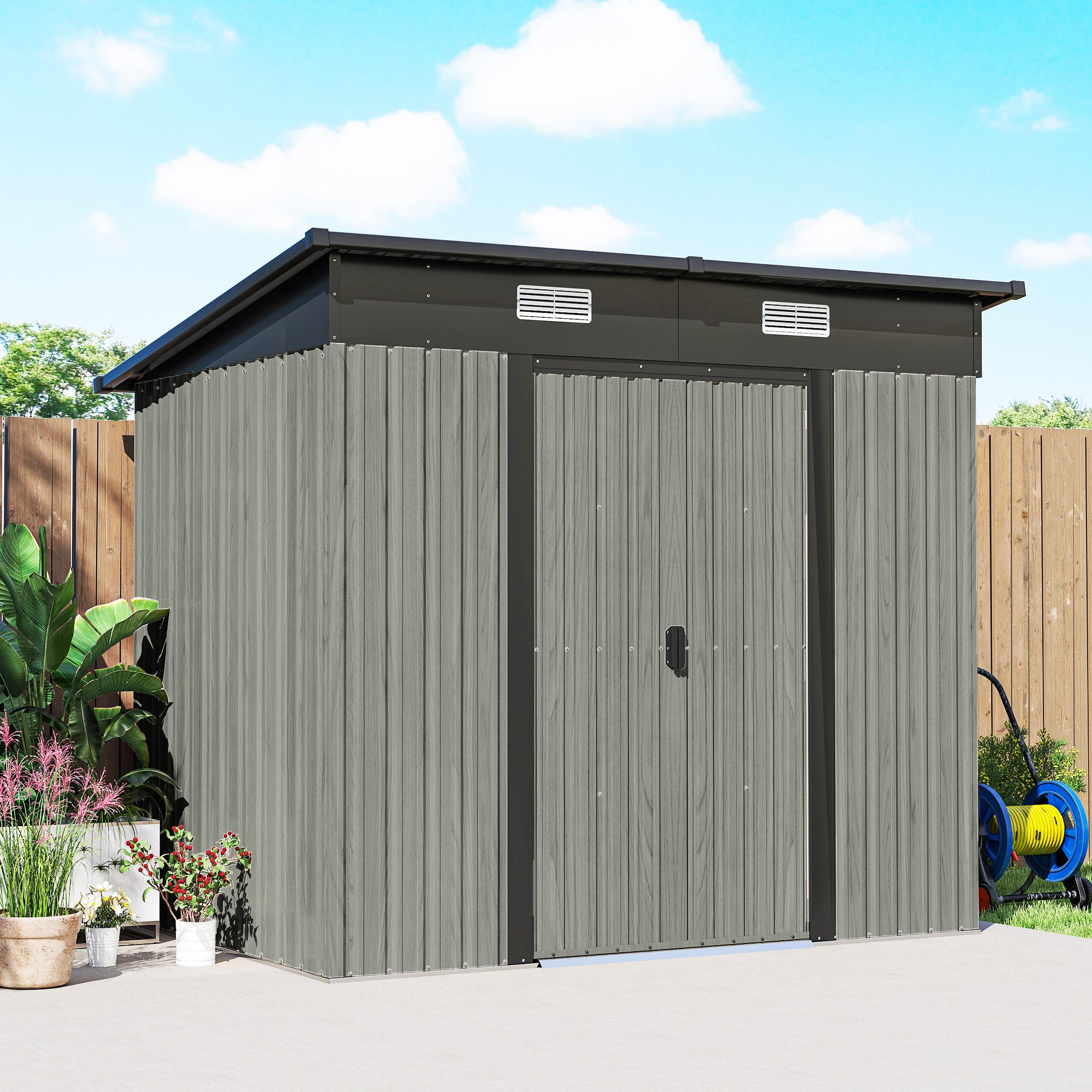 7 x 4ft Outdoor Storage Shed with Foundation Kit, Lean to Metal Garden Shed for Log, Rubbish Bin, Tool, Bike, Light Grey