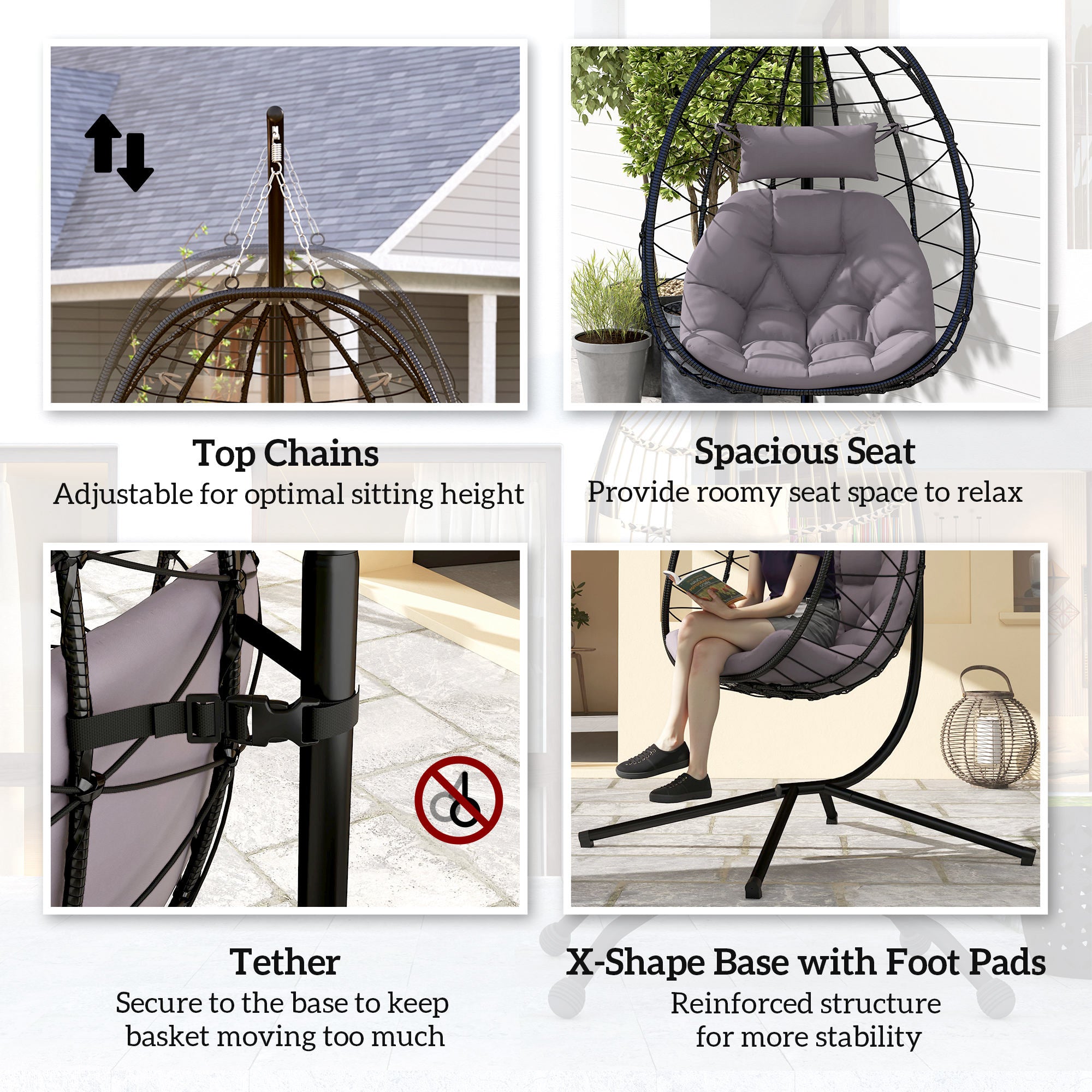 Hanging Egg Chair with Stand and Thick Cushion Grey