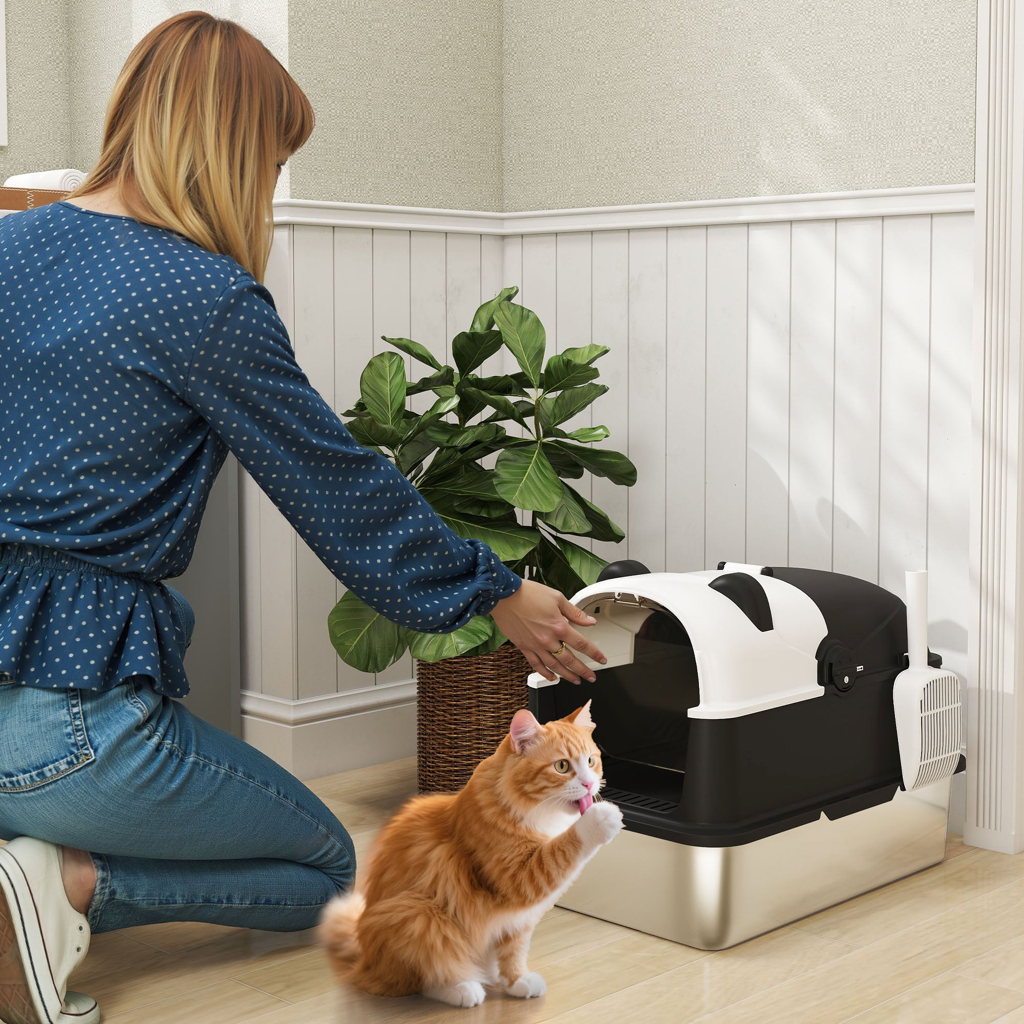 Panda Style XL Stainless Steel Cat Litter Box with Lid, Enclosed Kitty Litter Box with Scoop, 60 x 40 x 45 cm