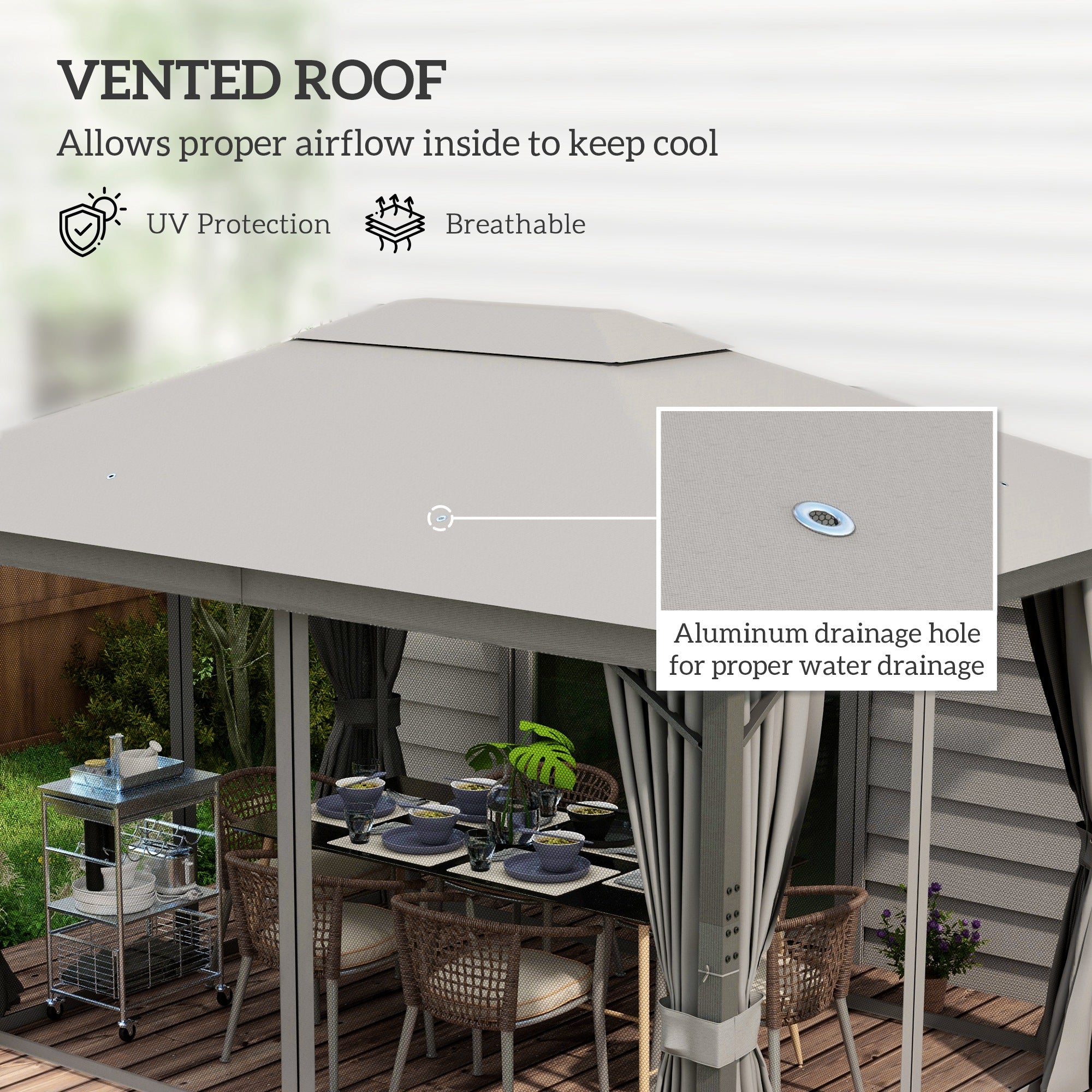 4 x 3(m) Patio Gazebo Canopy, with Vented Roof, Netting, Curtains, Aluminium Frame, Grey