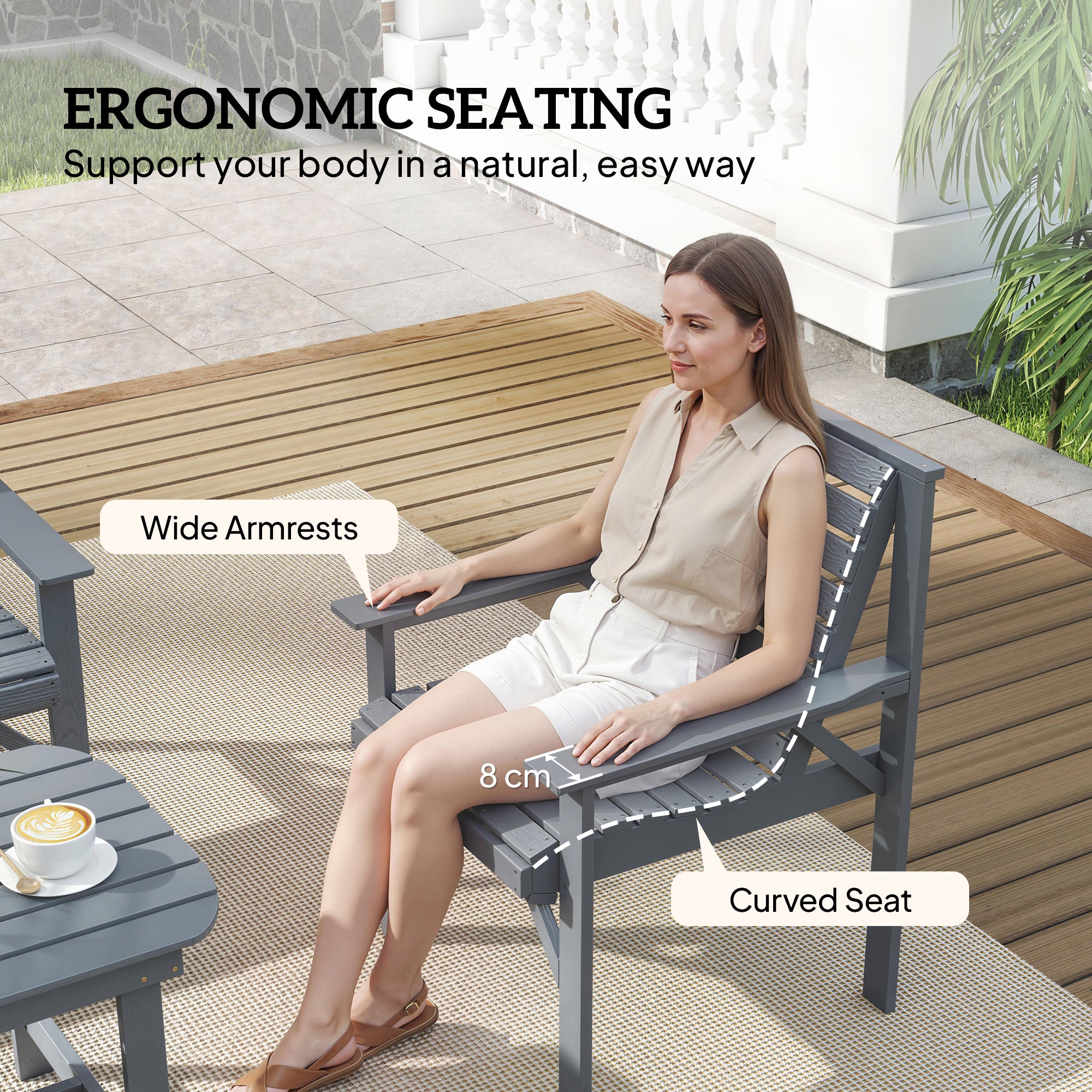 4 Piece Wooden Garden Furniture Set, Outdoor Garden Sofa Set with 2 Armchairs, Loveseat and Coffee Table, Grey