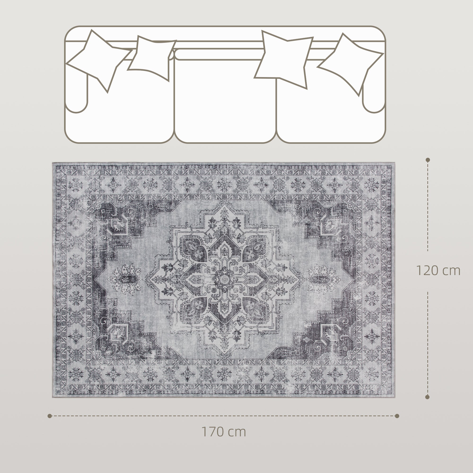 Vintage Area Rug, Non-Slip Washable Rug, Flannel Floor Carpet for Living Room, Bedroom, Dining Room, Home Office, 170 x 120 cm, Grey