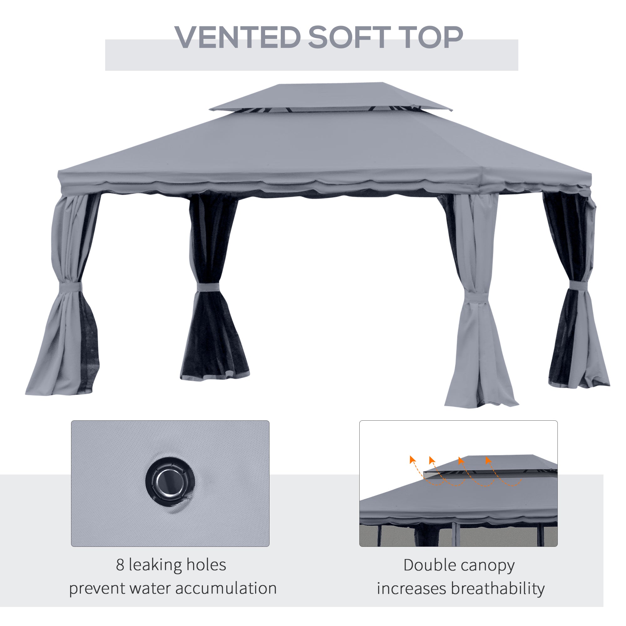 3x4m Aluminium Garden Gazebo with Nets and Curtains Marquee Canopy Shelter Pavilion - Dark Grey