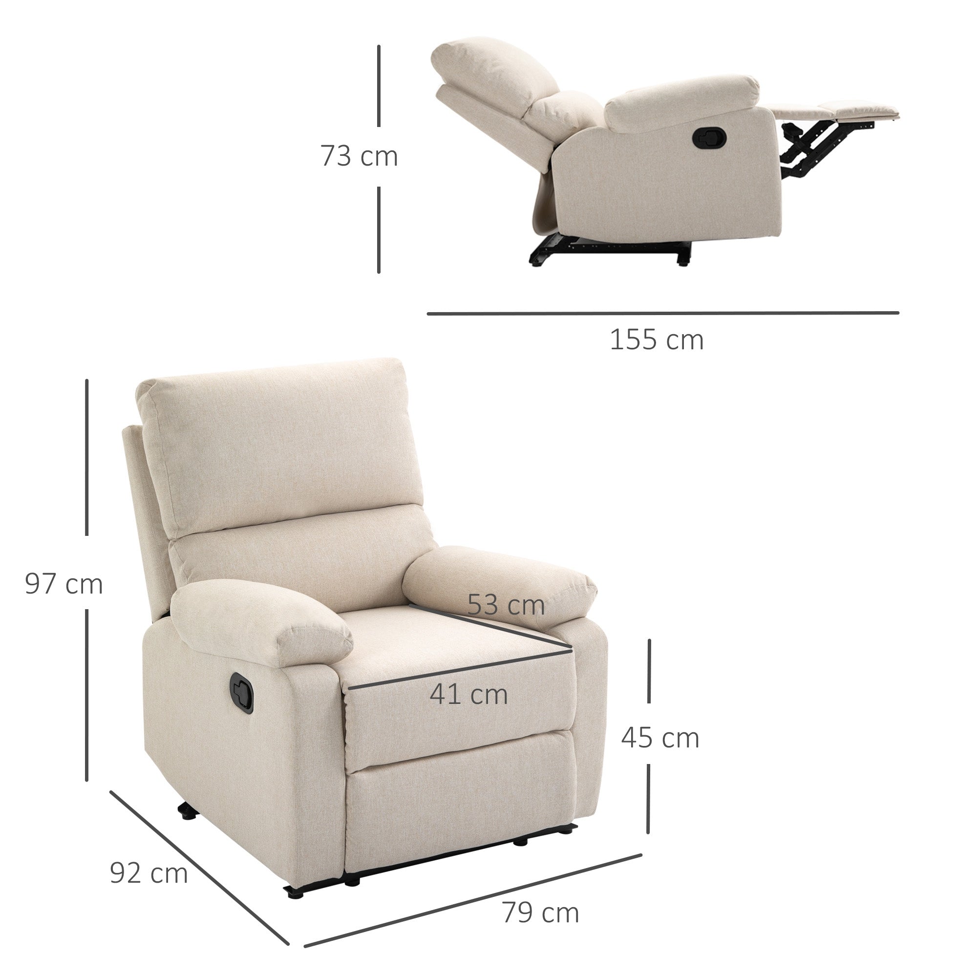 Single Sofa Chair Double-Padded Manual Recliner Armchair w/Footrest Metal Frame Adjustable Home Seat Bedroom Living Room TV Gaming Beige