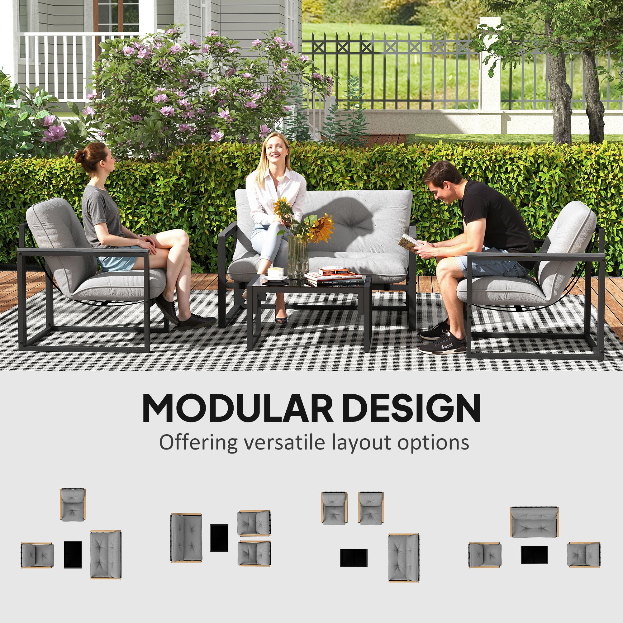 4-Piece Garden Furniture Set with Loveseat, Armchairs & Glass Coffee Table - Dark Grey