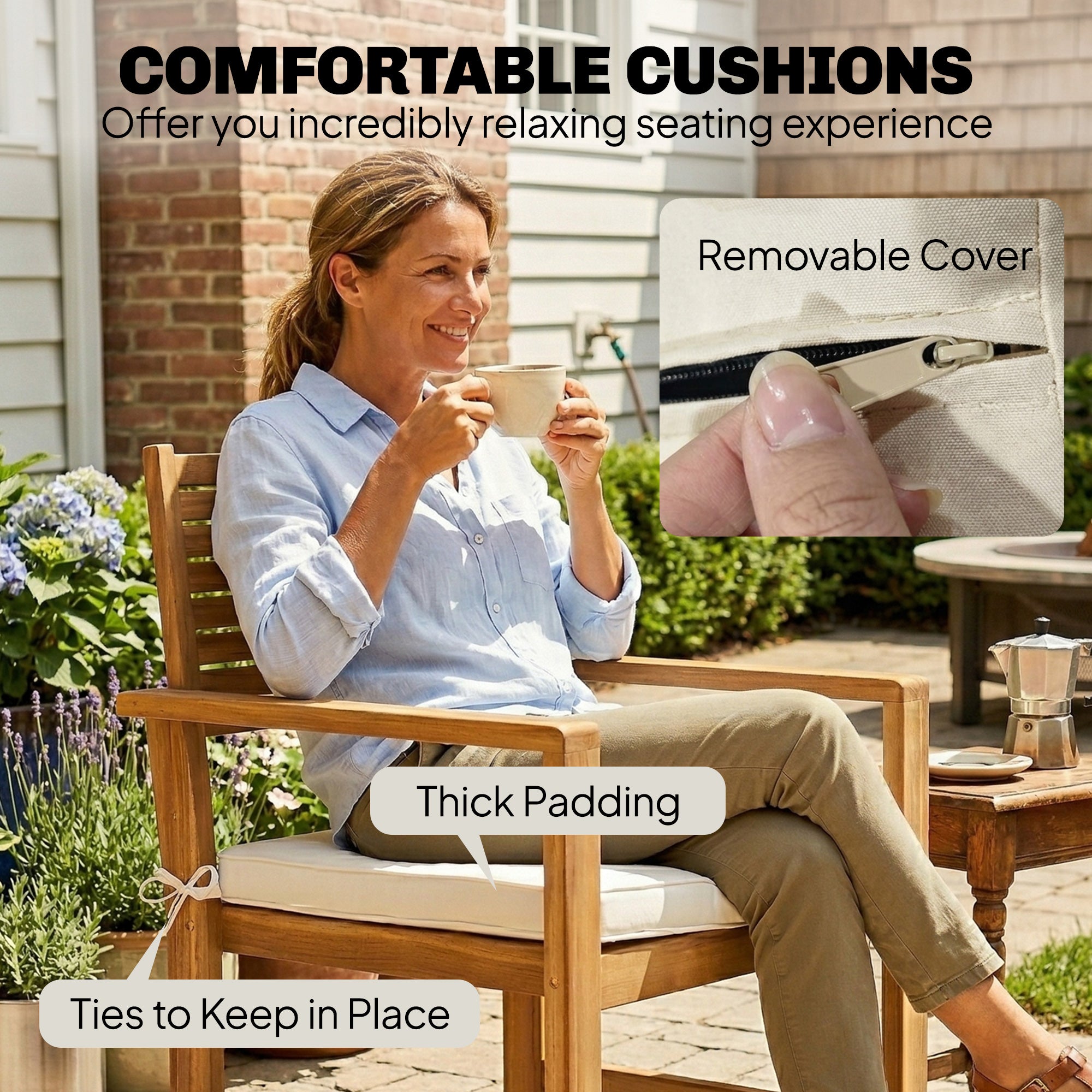 4 Seater Wooden Garden Furniture Set with Loveseat, Armchairs, Table, Acacia Wood Garden Sofa Set, Cream White