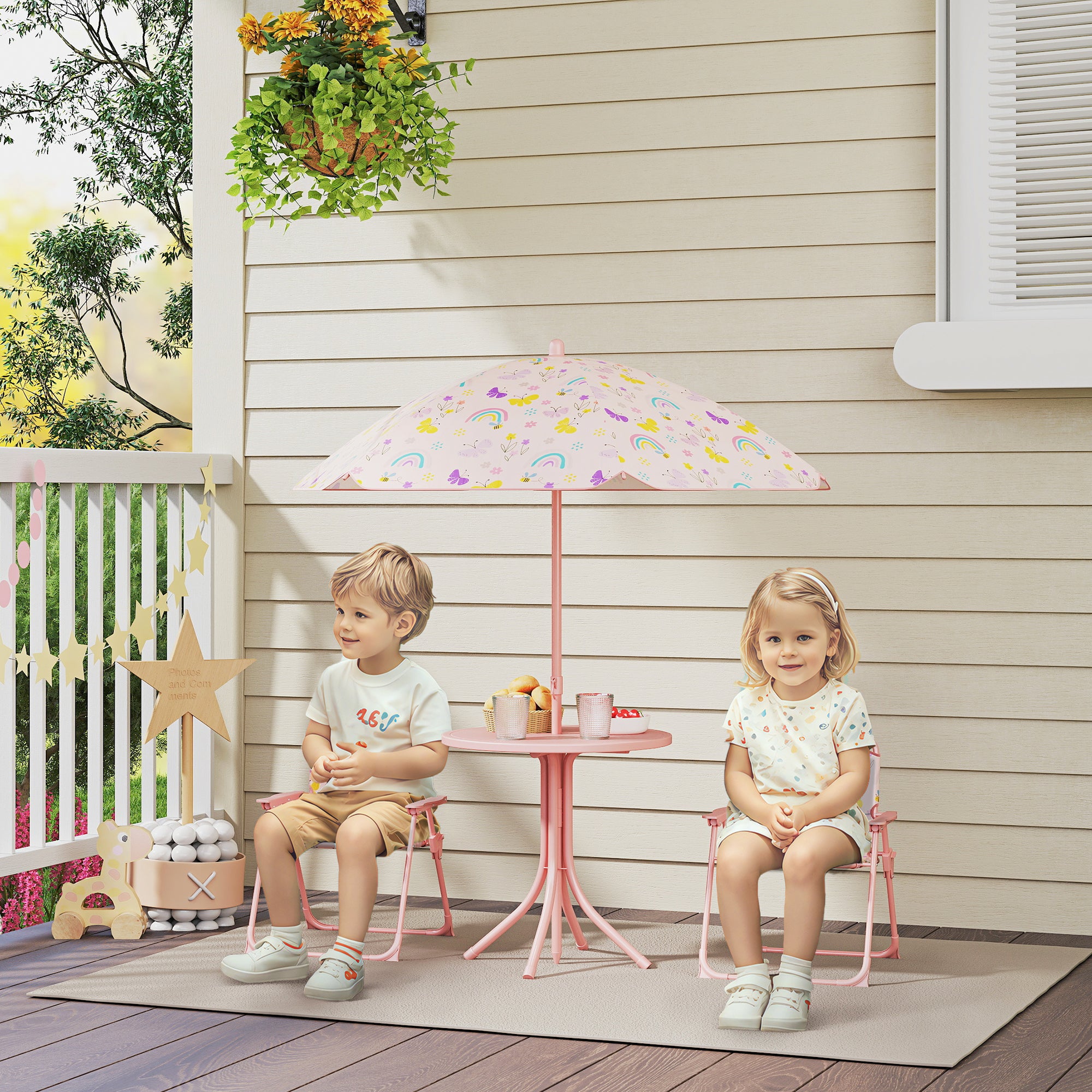 4 Pieces Kids Garden Table and Chair Set with Adjustable Parasol, Folding Chairs, Table, Rainbow Pattern, Pink