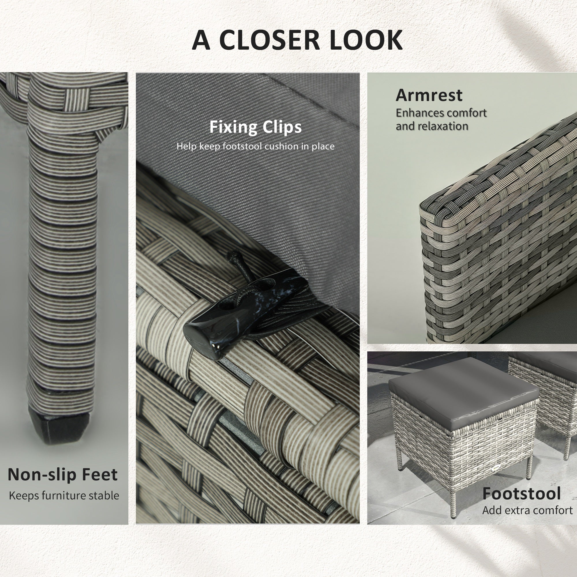 tsunny 6-Seater Rattan Dining Set Sofa Table Footstool Outdoor w/ Cushion Garden Furniture, Dark Grey