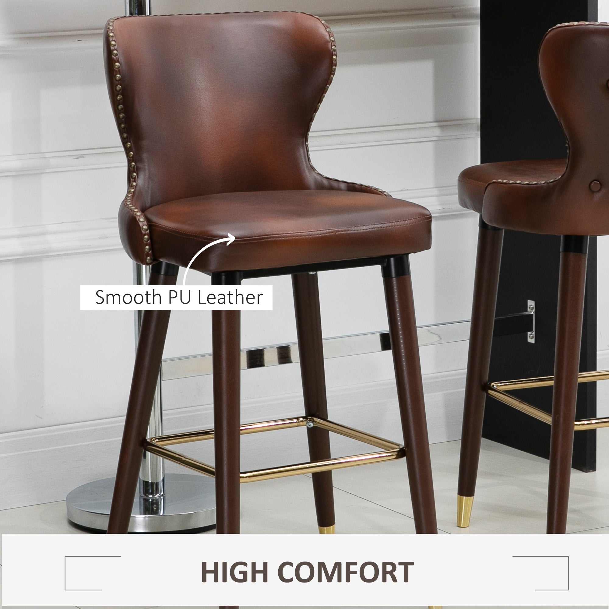 Bar Stools Set of 2, PU Leather Upholstered Breakfast Bar Chairs with 71cm Seat Height, Retro Kitchen Stools with Wingbacks, Nailhead Trim and Footrest, Brown