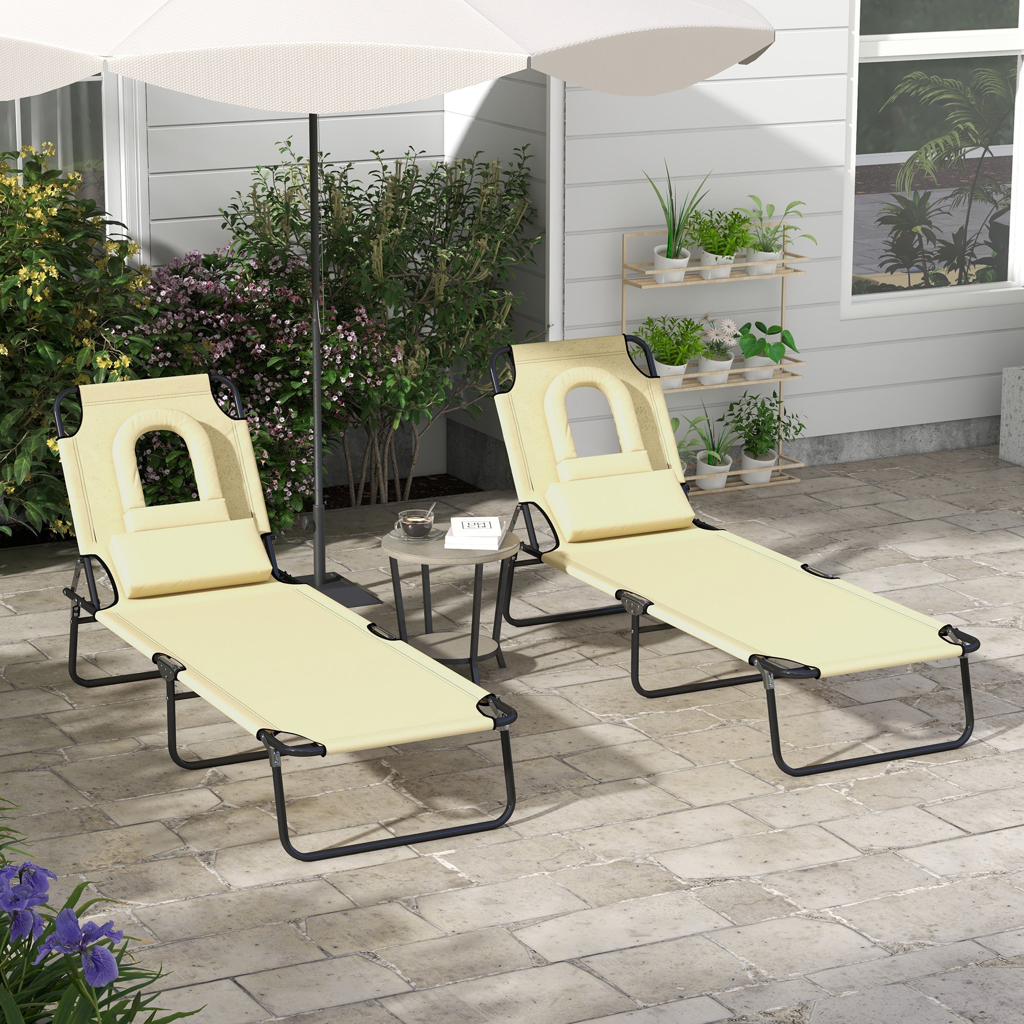 Outdoor Foldable Sun Lounger Set of 2, 4 Level Adjustable Backrest Reclining Sun Lounger Chair with Pillow and Reading Hole, Beige