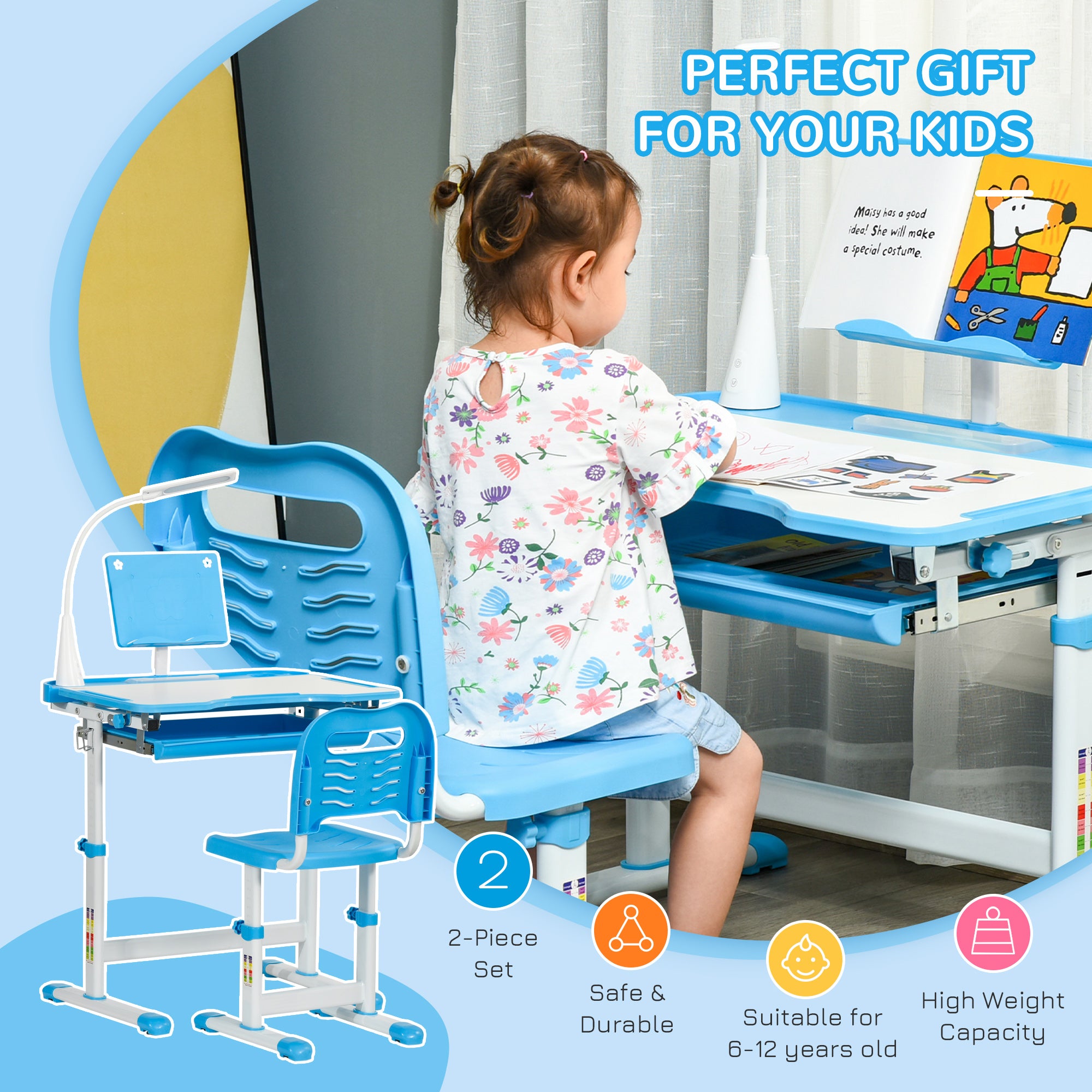 Kids Study Desk and Chair Set w/ Adjustable Height, Storage, Drawer, Blue