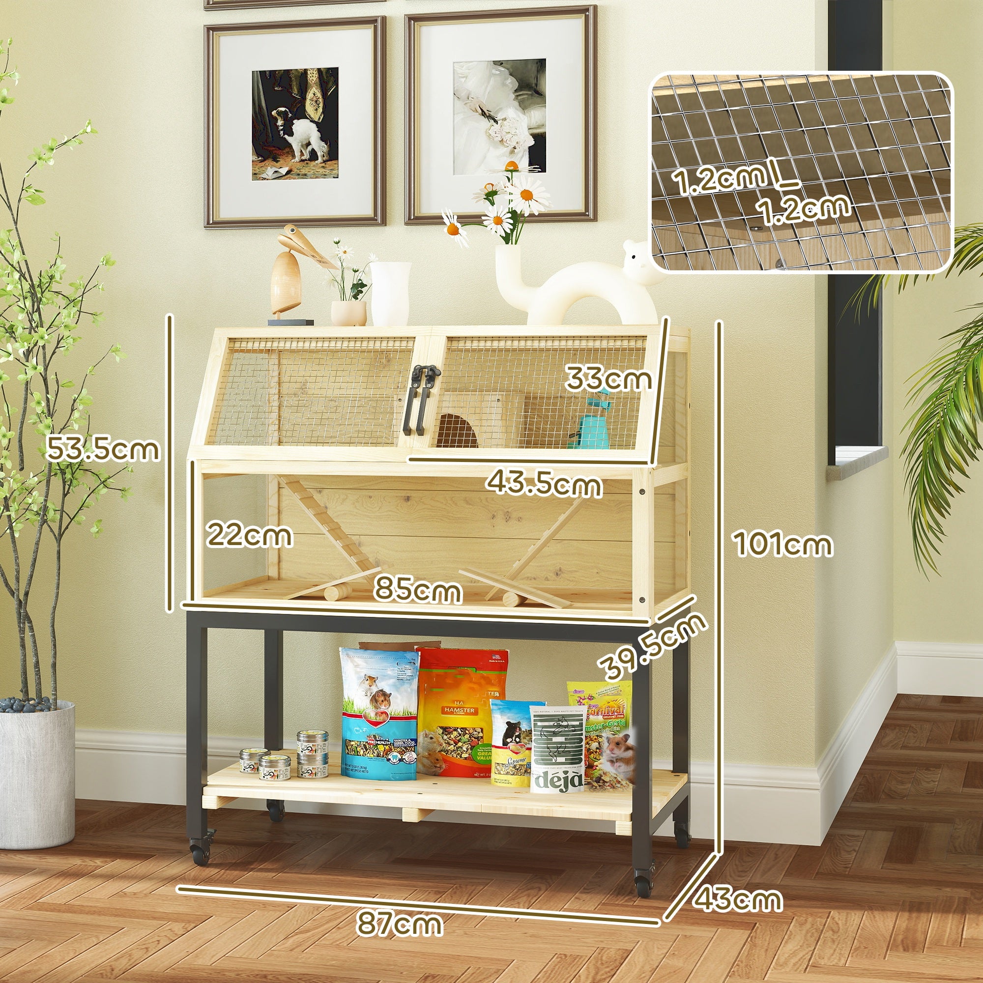 Wooden Hamster Cage with Storage Shelf, Wheels, Ramps, Water Bottle, Hut, Seesaws