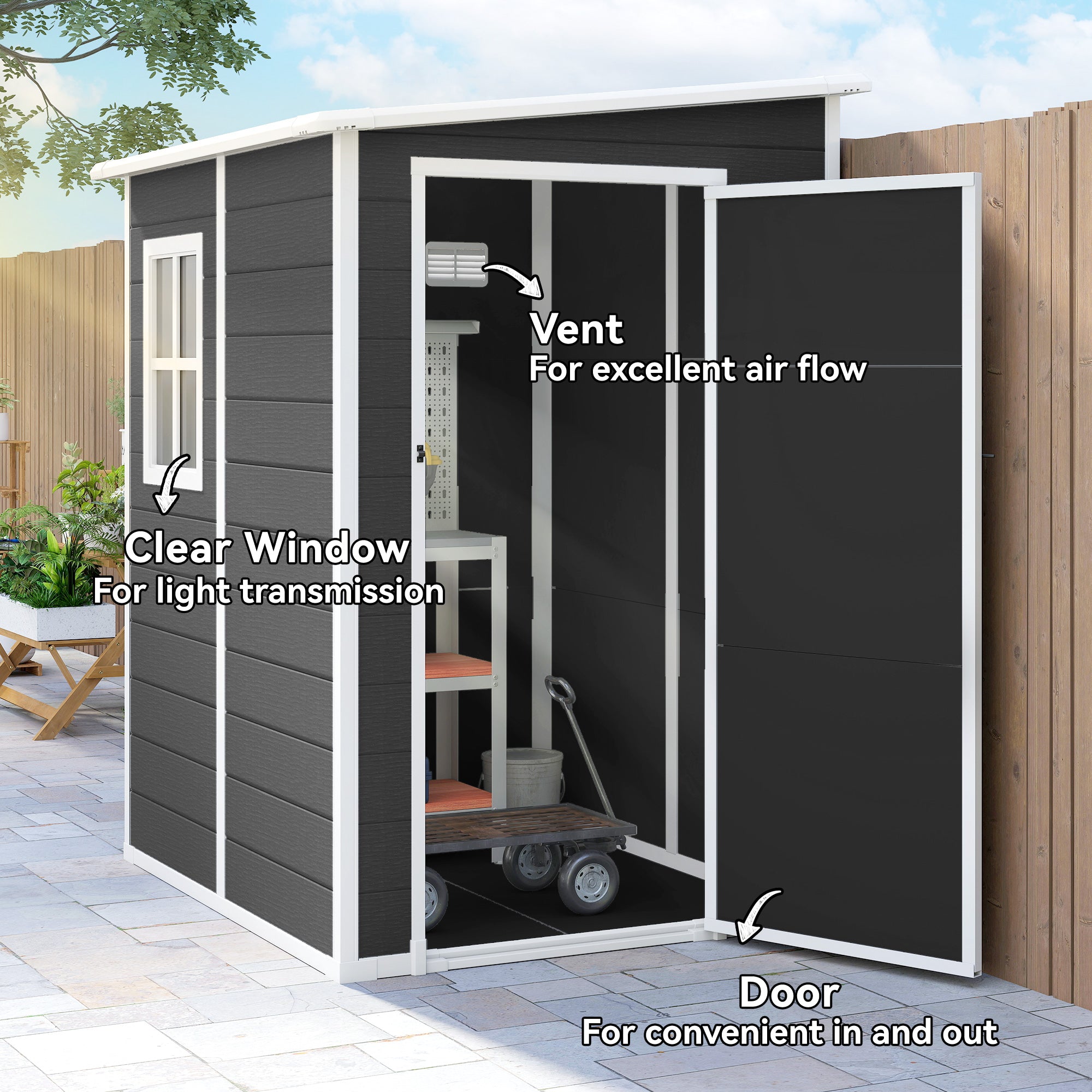4'x5' Garden Storage Shed, Lean to Shed, Lockable Garden Shed with Window, Vent and Plastic Roof, Black