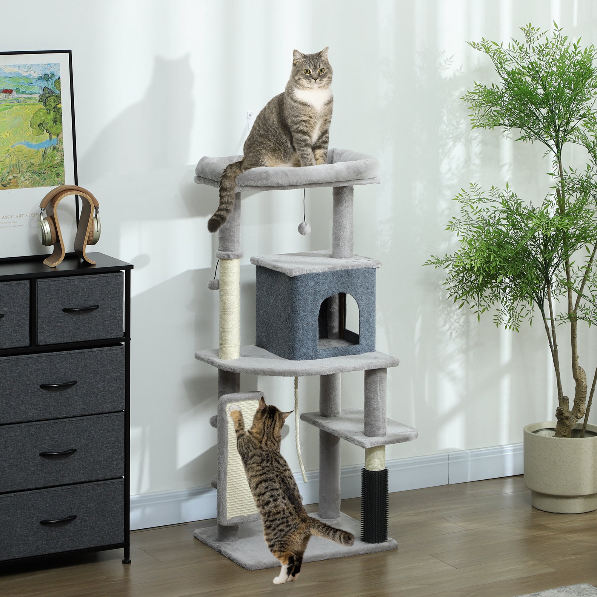 132cm Cat Tree w/ Scratching Posts, Pad, Cat Bed, Cat House, Jumping Platform, Grooming Brush, Anti-Tip Kit, Light Grey