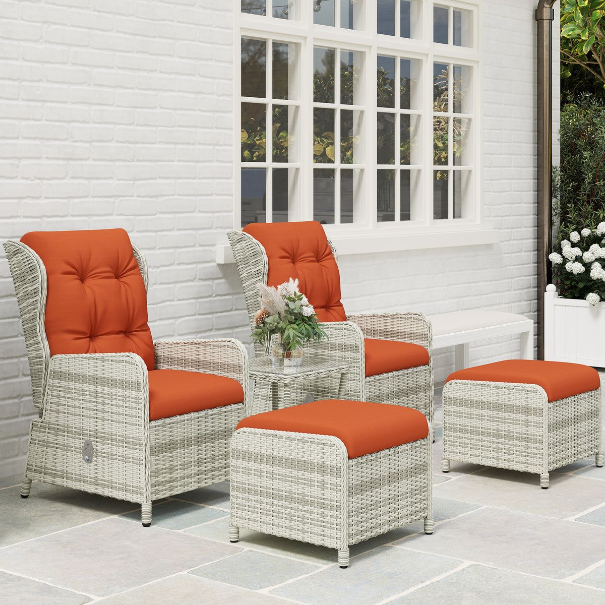 5 Piece Rattan Bistro Set with Cushions and Glass Table Top - Orange