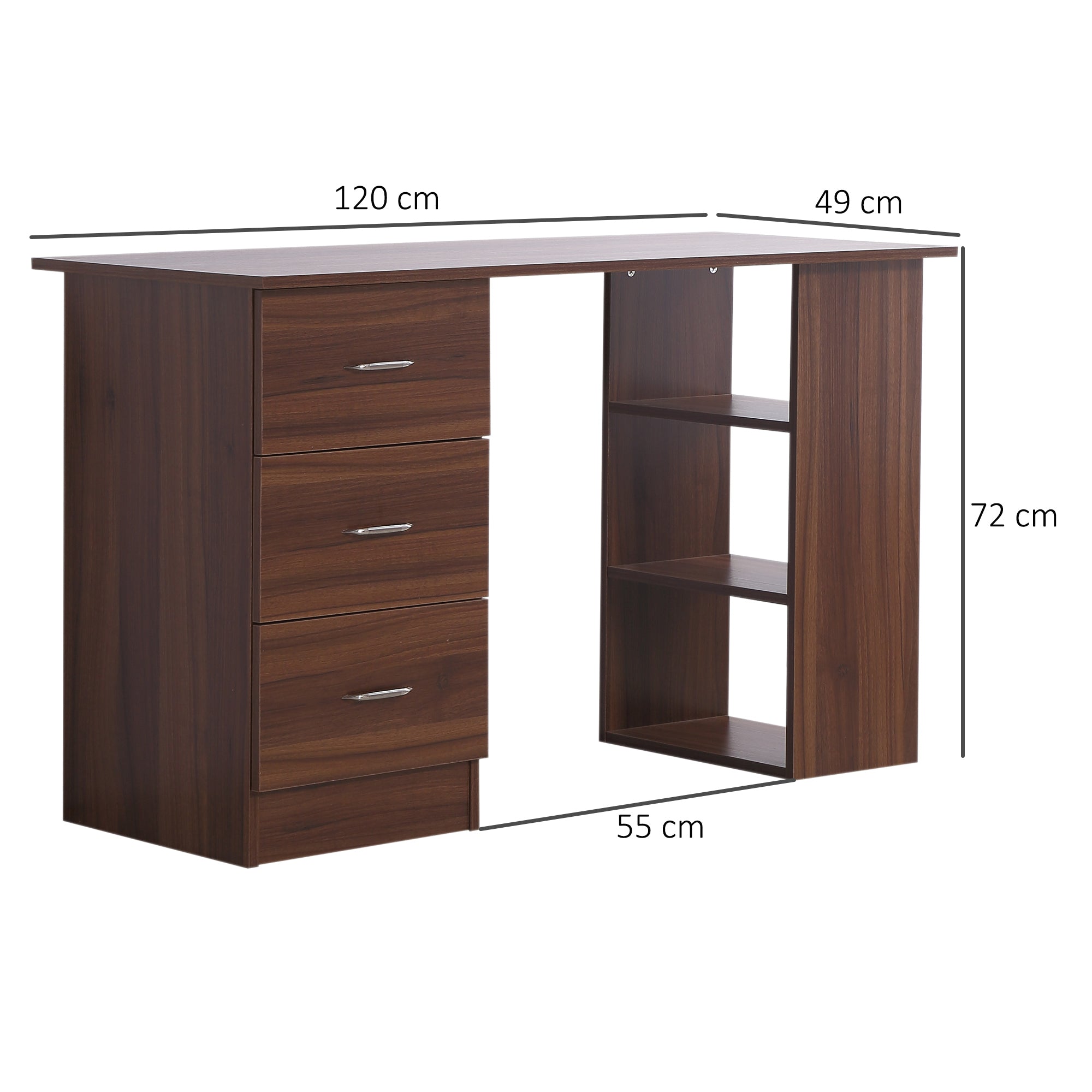 Computer Desk, Writing Table, PC Workstation with 3 Storage Shelves and Drawers, Silver Handle, for Home Office, Walnut