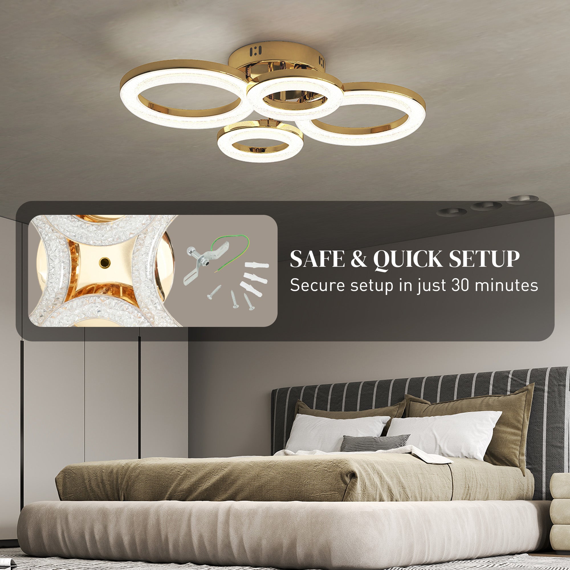 LED Ceiling Light, Modern Dimmable 4 Rings Ceiling Lamp with Wall Switch, 40W 4350lm Flush Mount Ceiling Light with 3500K/4500K/6000K Colour Temperatures for Living Room, Bedroom, Gold Tone