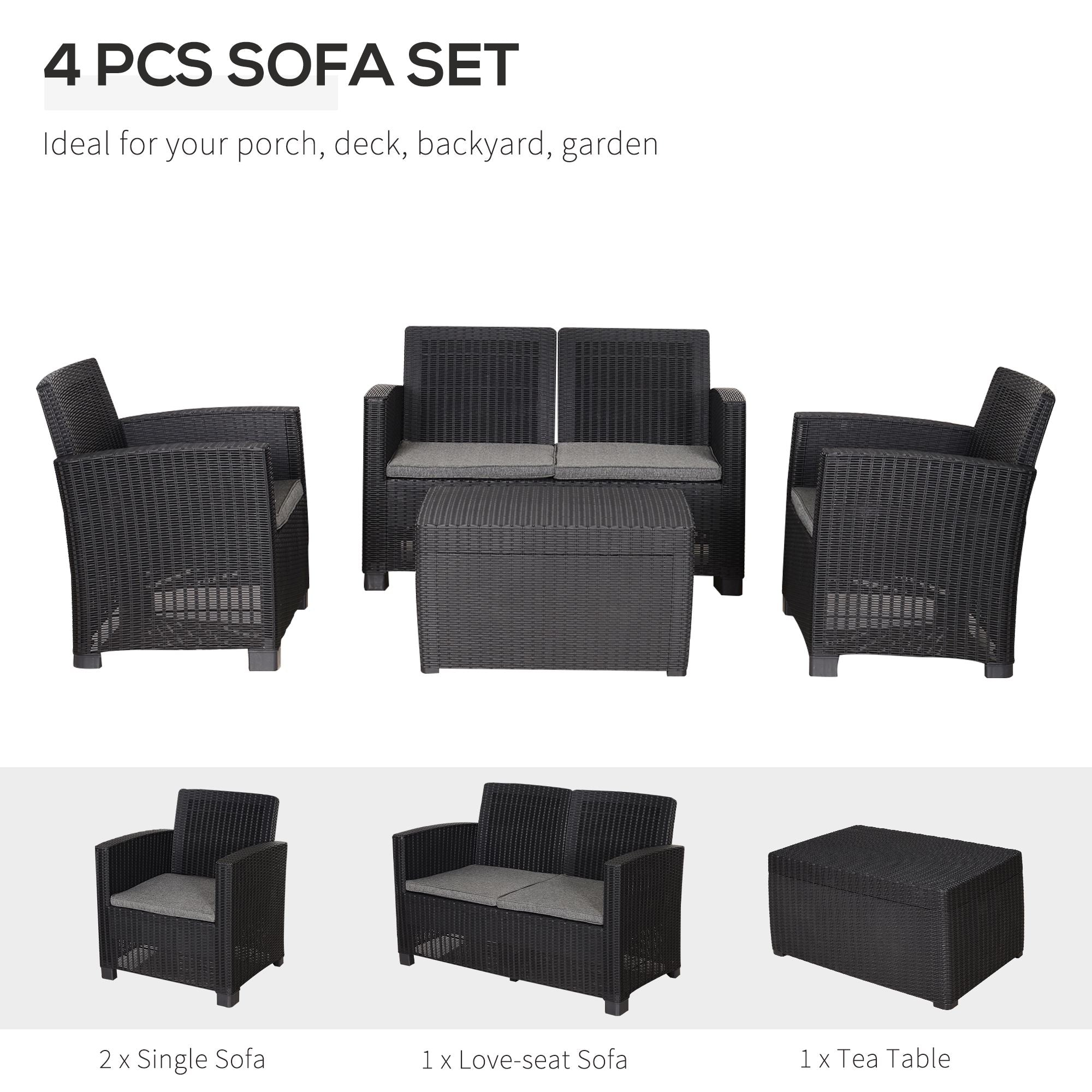 Garden PP Rattan Style Sofa Table Set 4 Seater Outdoor Patio 2 Single Chairs & 1 Bench Conservatory Furniture Cushioned Black