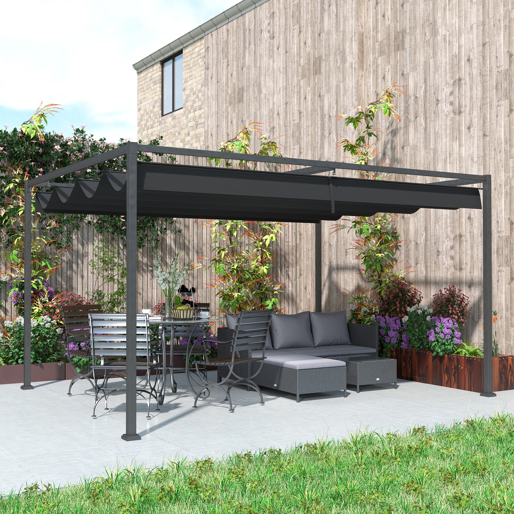 4 x 3m Metal Pergola, with Retractable Canopy Roof - Black