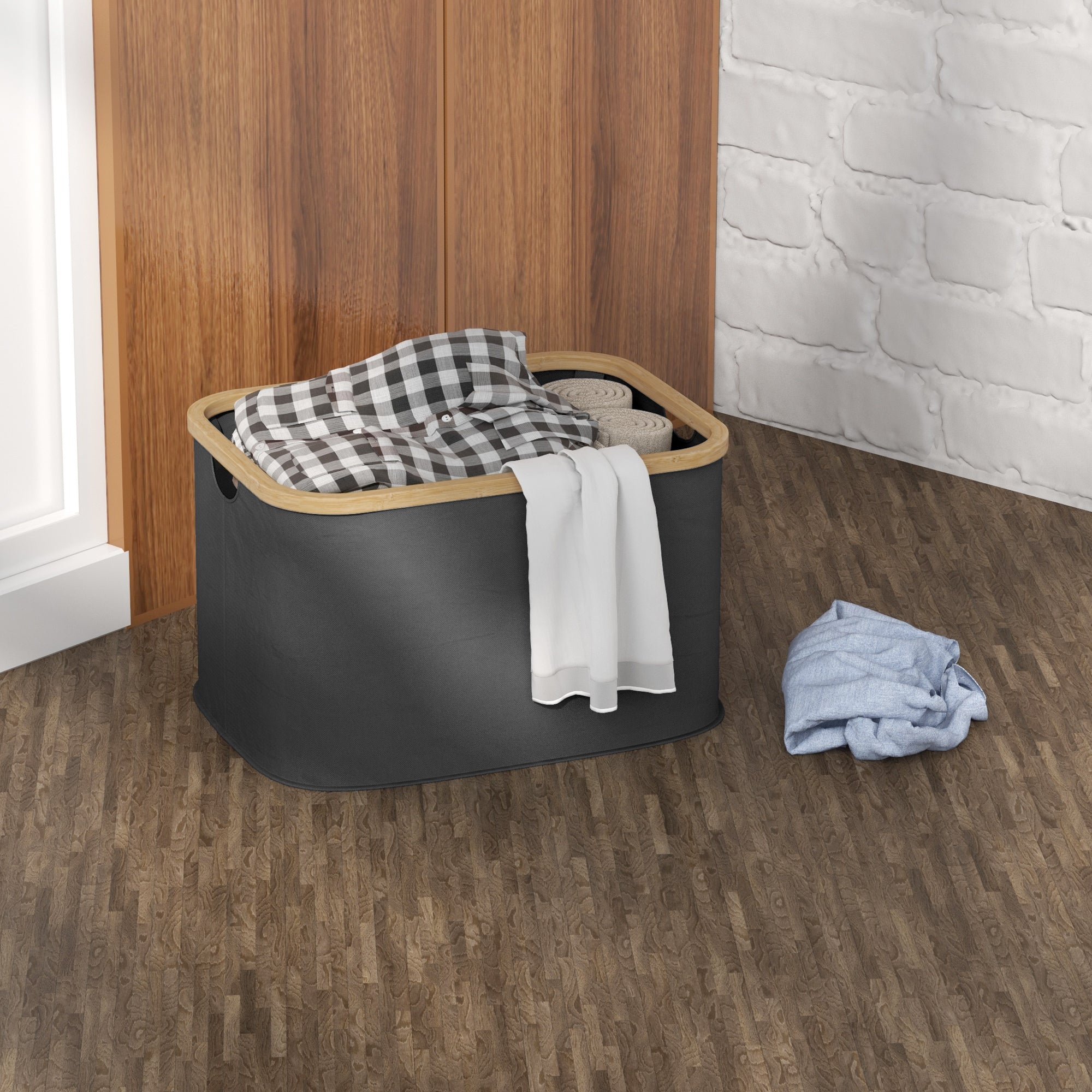 36L Foldable Laundry Basket, with Bamboo Top - Black