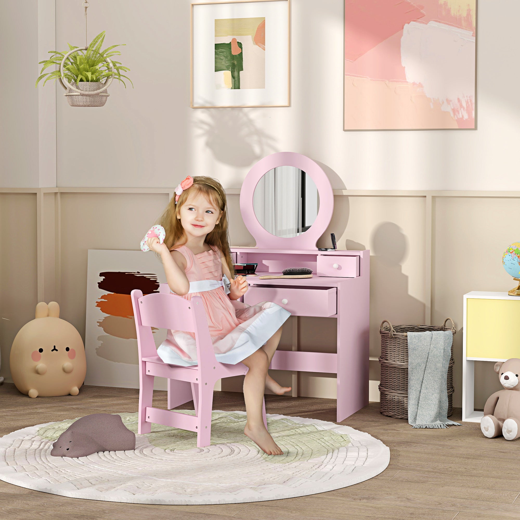 Kids Dressing Table Set Kids Make up Table with Stool and Mirror, Storage Drawers, Gift for Aged 3-8