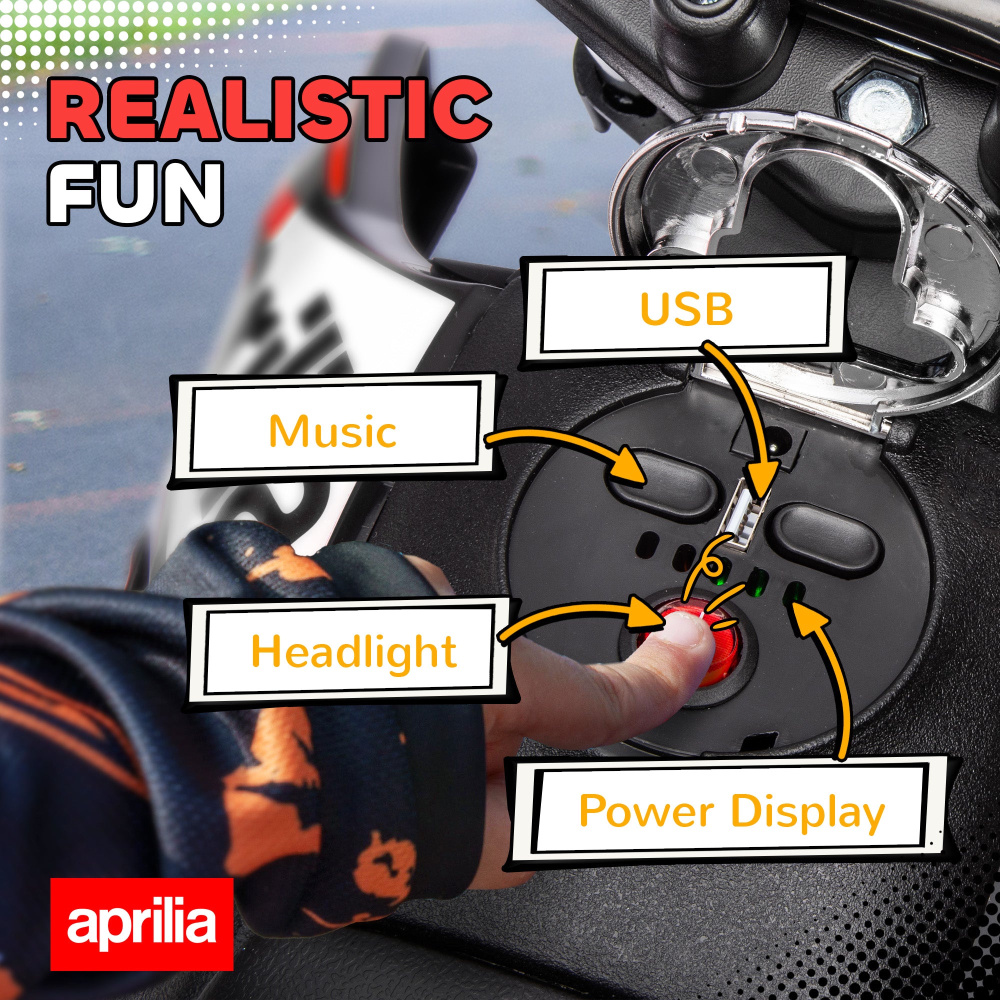 12V Aprilia Licenced Kids Motorbike with Training Wheels, Spring Suspension, LED Light, USB, Music, Red