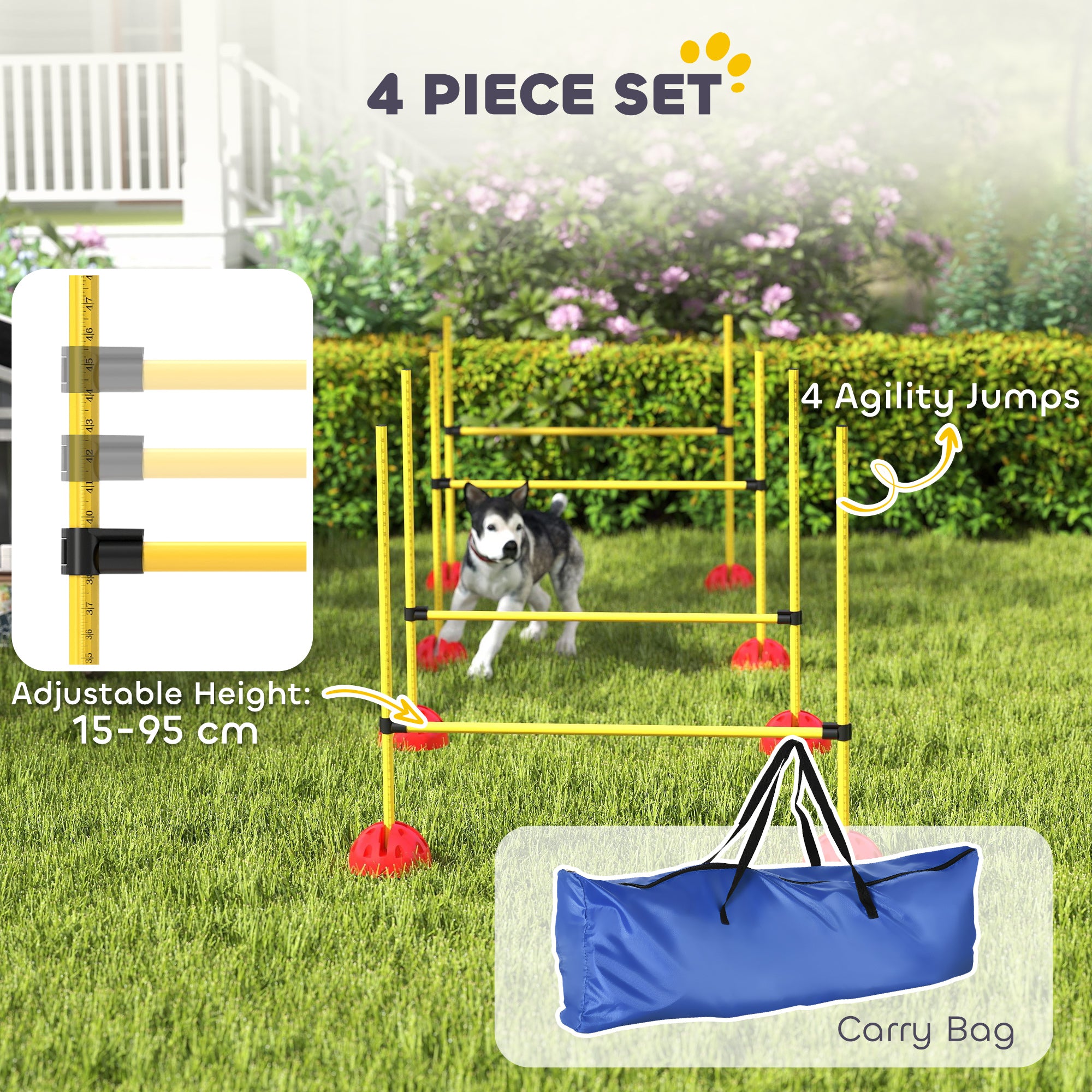 4 Piece Adjustable Dog Agility Hurdle Set with Carry Bag - Yellow