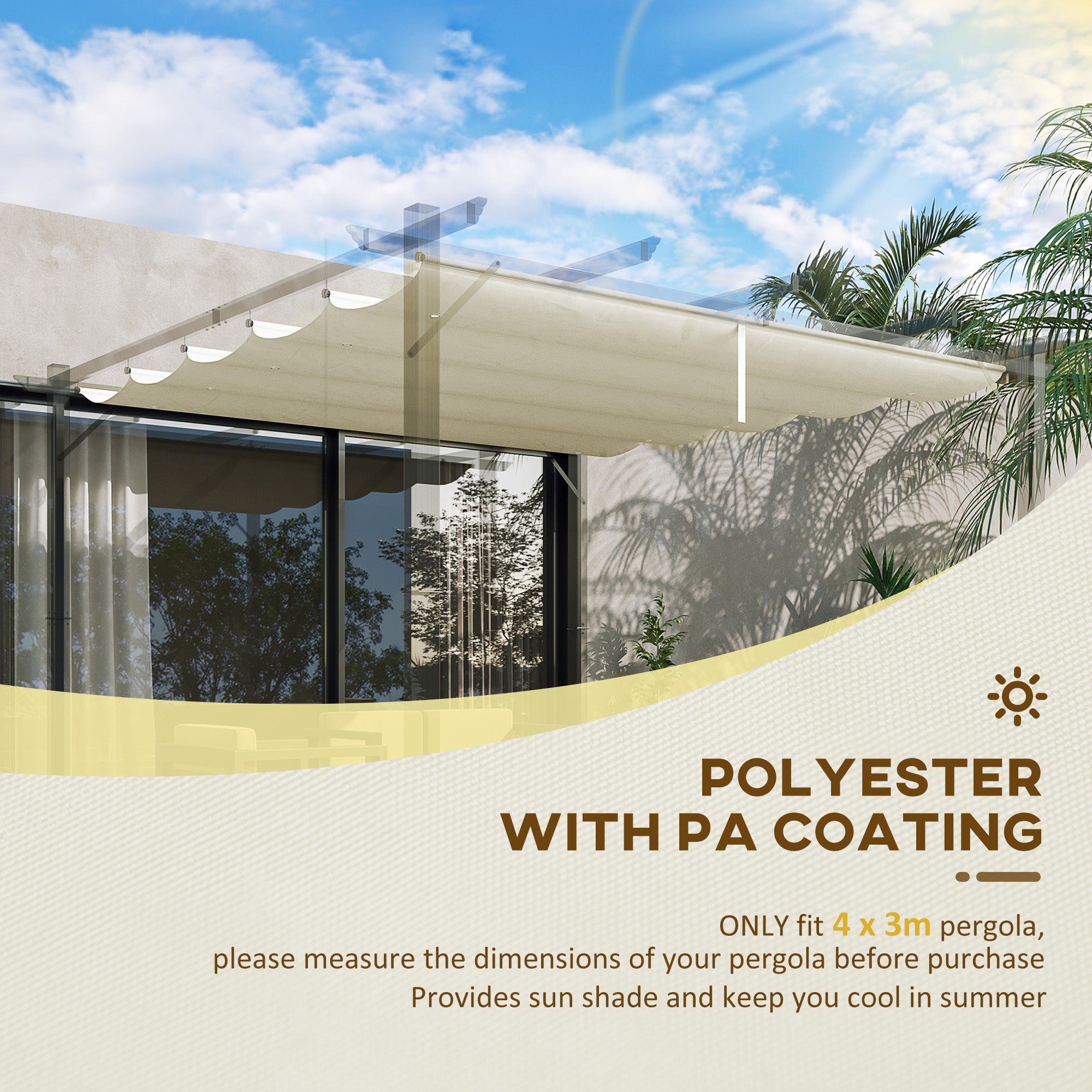 Retractable Pergola Shade Cover Replacement Canopy Fabric 3x3 Metres Cream White