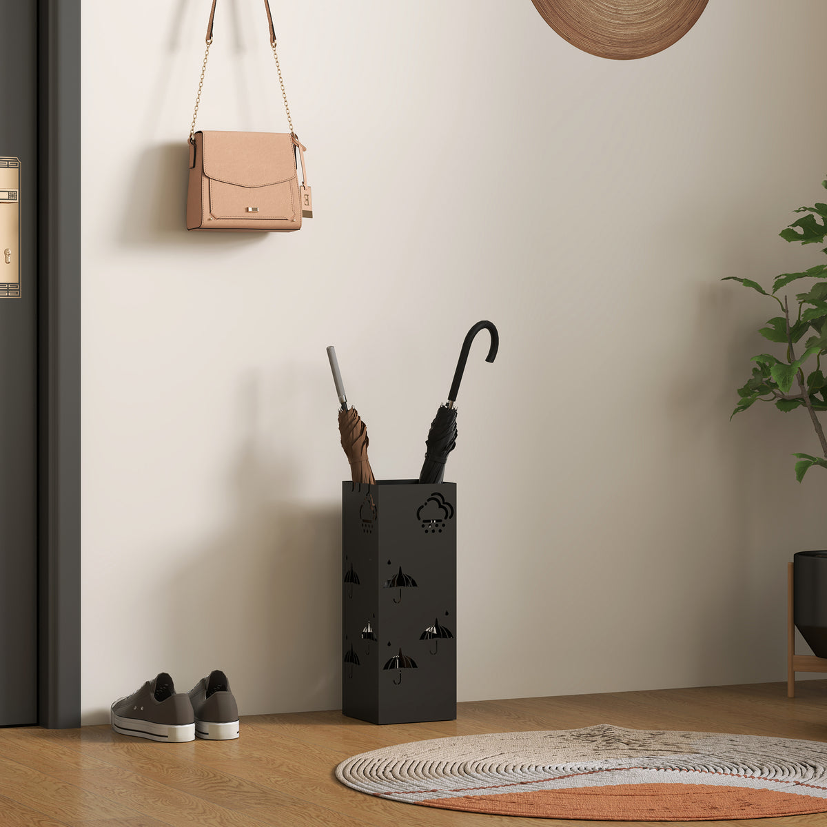 Metal Square Umbrella Stand with 4 Hooks & Removable Drip Tray 15.5x15.5x41 cm - Black