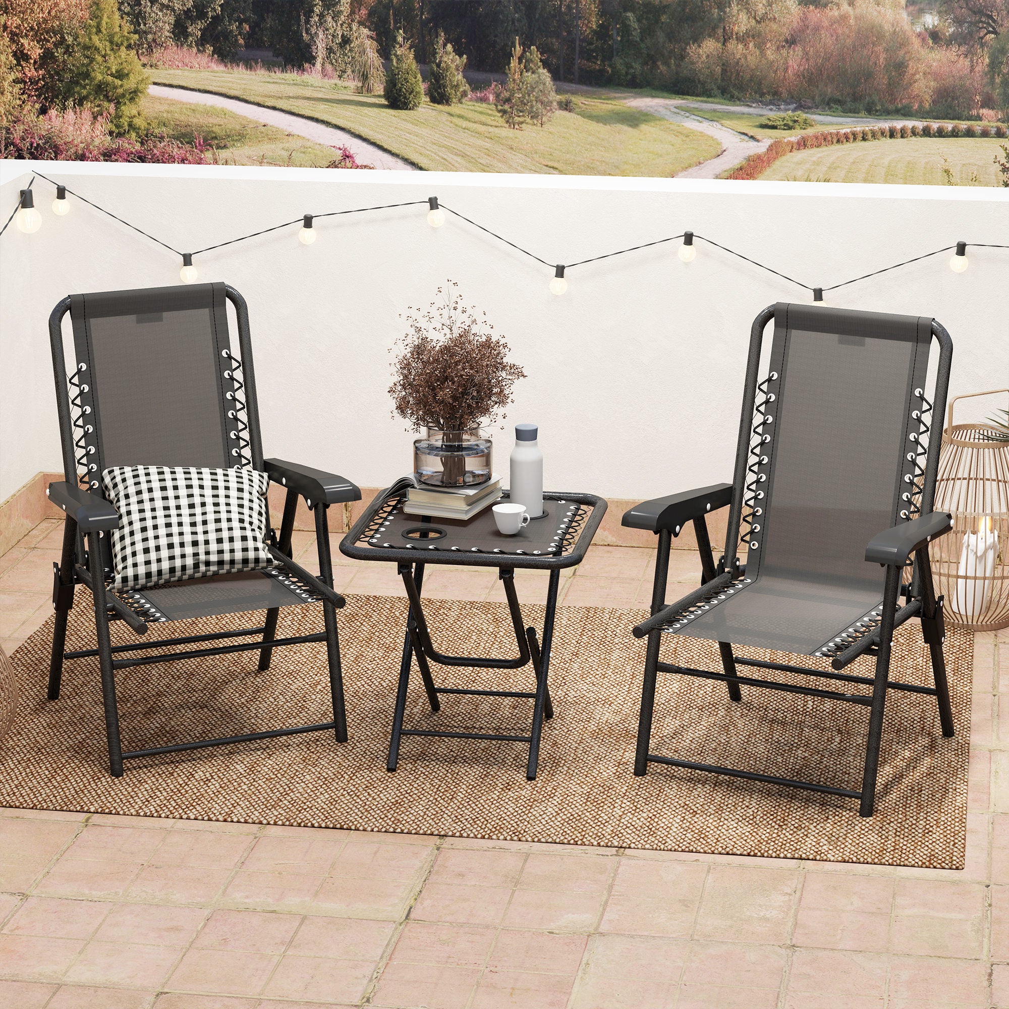 3 Piece Garden Table and Chair Set with Texteline Fabric - Black